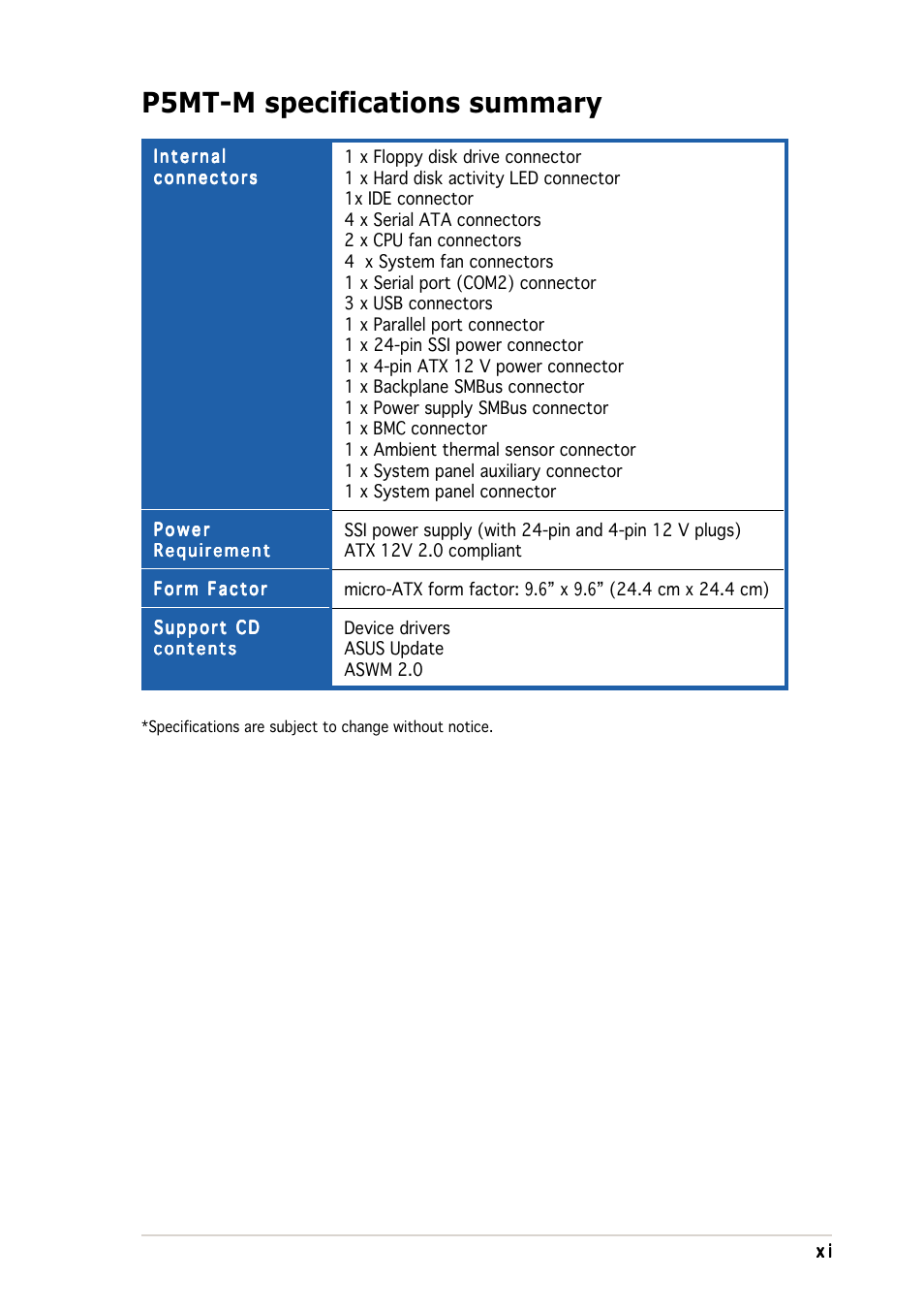 P5mt-m specifications summary | Asus Motherboard P5MT-M User Manual | Page 11 / 150