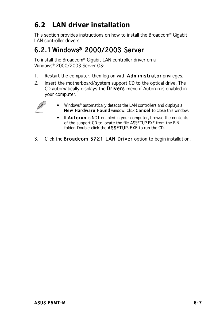 2 lan driver installation, 1 6.2.1 windows windows windows windows windows | Asus Motherboard P5MT-M User Manual | Page 141 / 150