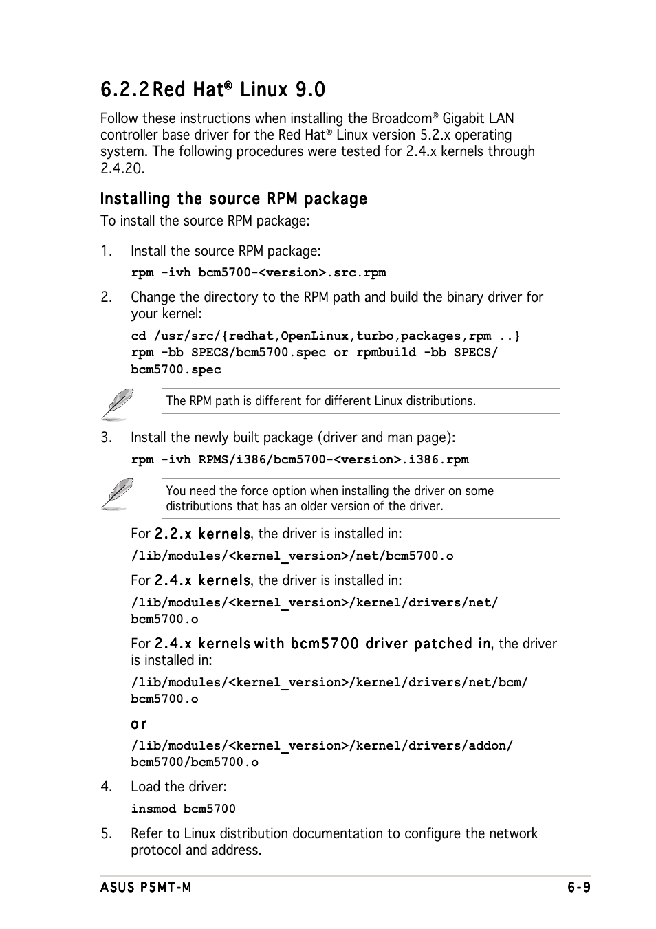 2 6.2.2 red hat red hat red hat red hat red hat, Linux 9.0 | Asus Motherboard P5MT-M User Manual | Page 143 / 150