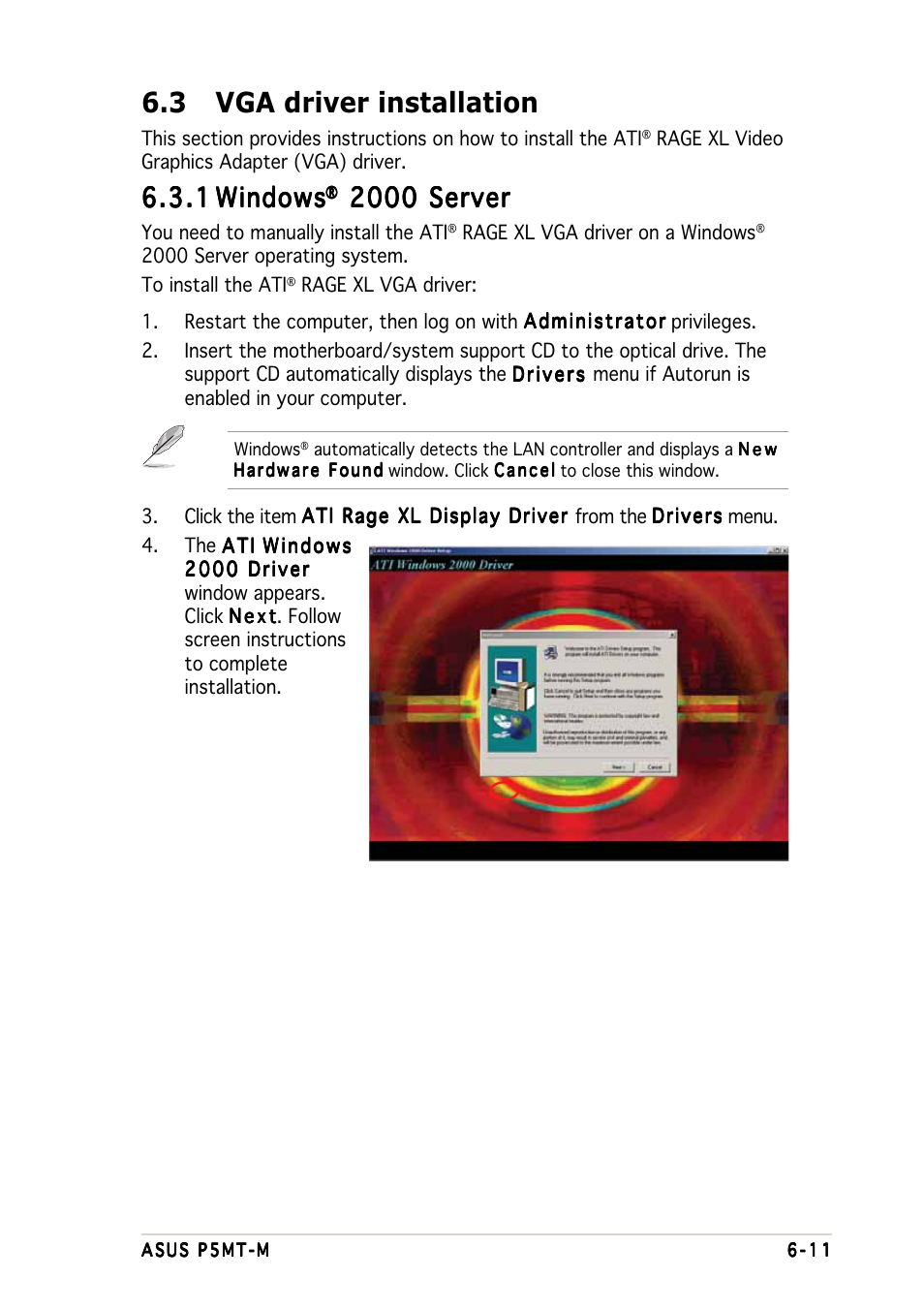 3 vga driver installation, 1 6.3.1 windows windows windows windows windows, 2000 server | Asus Motherboard P5MT-M User Manual | Page 145 / 150