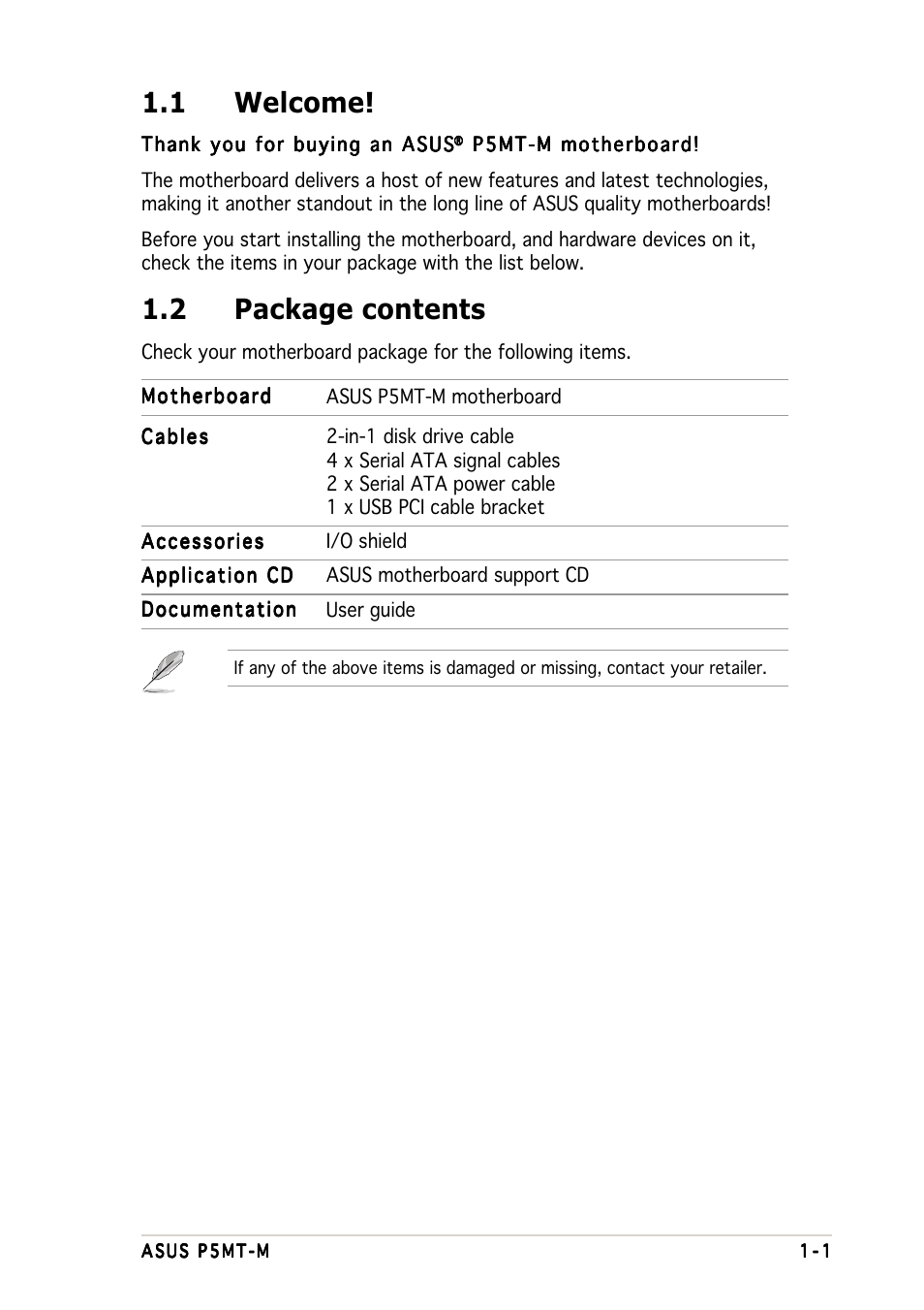 1 welcome, 2 package contents | Asus Motherboard P5MT-M User Manual | Page 15 / 150