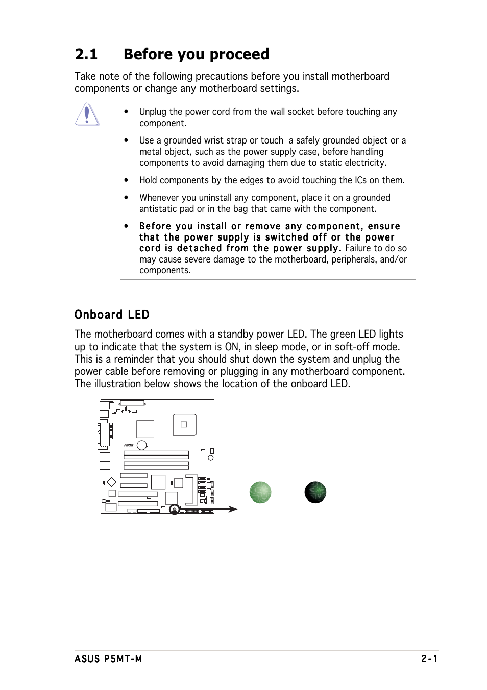 1 before you proceed, Onboard led | Asus Motherboard P5MT-M User Manual | Page 21 / 150