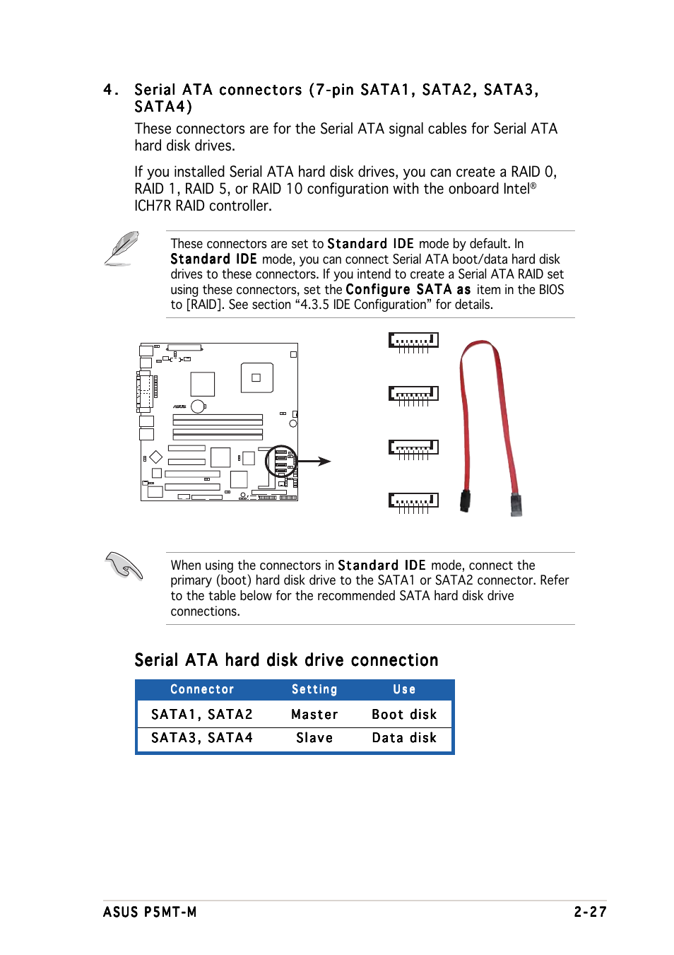 Serial ata hard disk drive connection, Ich7r raid controller | Asus Motherboard P5MT-M User Manual | Page 47 / 150