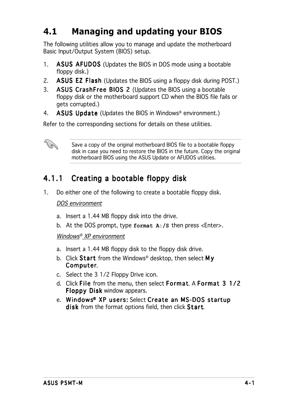 1 managing and updating your bios | Asus Motherboard P5MT-M User Manual | Page 61 / 150