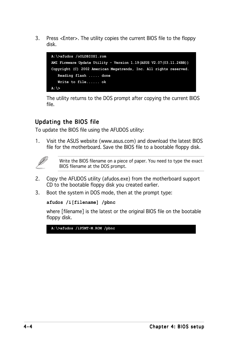 Updating the bios file | Asus Motherboard P5MT-M User Manual | Page 64 / 150