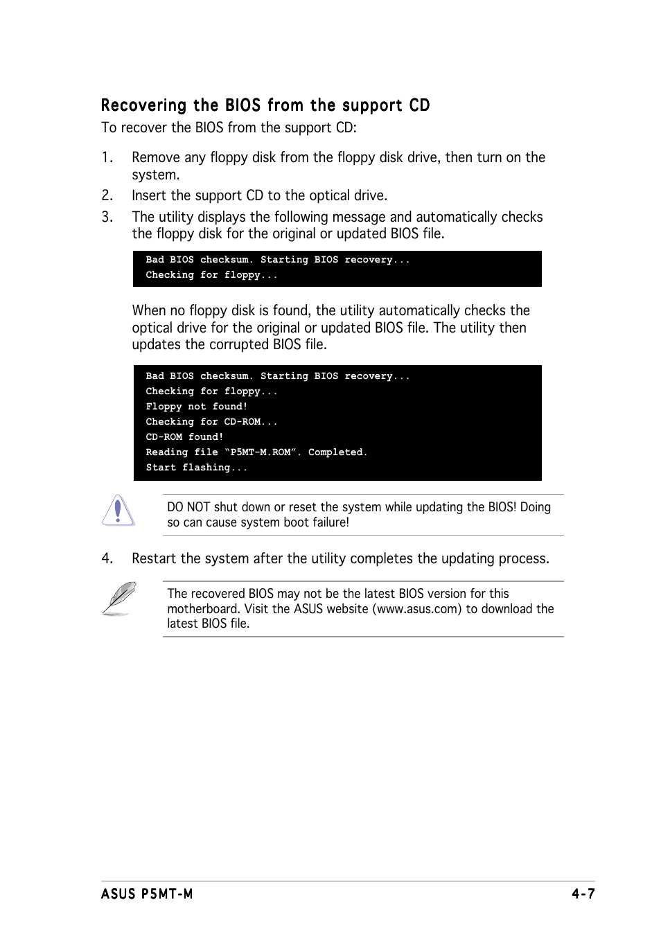 Recovering the bios from the support cd | Asus Motherboard P5MT-M User Manual | Page 67 / 150