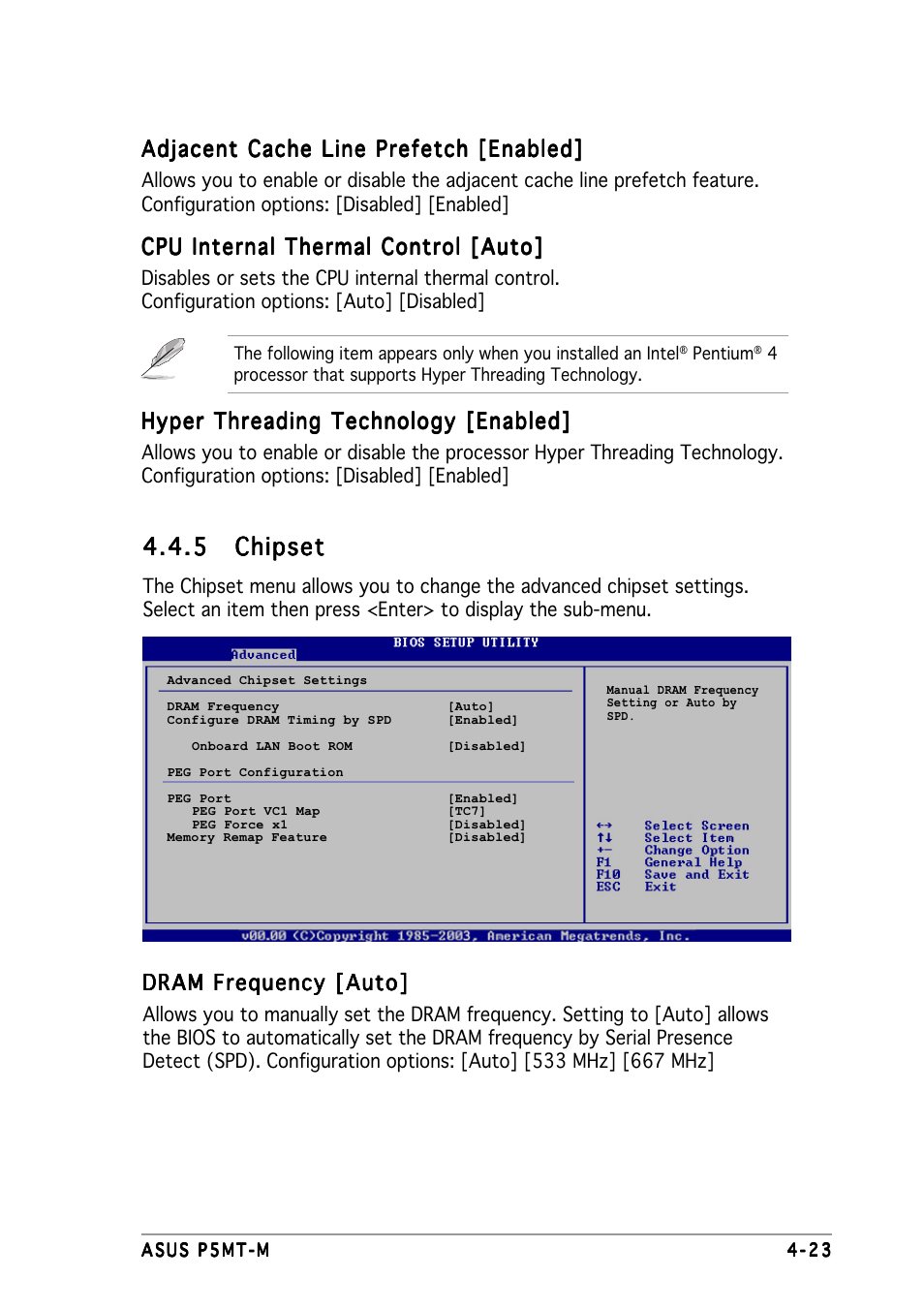 5 chipset chipset chipset chipset chipset, Adjacent cache line prefetch [enabled, Cpu internal thermal control [auto | Hyper threading technology [enabled, Dram frequency [auto | Asus Motherboard P5MT-M User Manual | Page 83 / 150