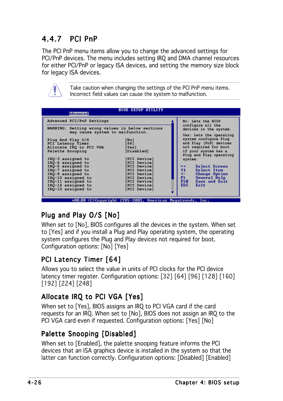 7 pci pnp pci pnp pci pnp pci pnp pci pnp, Plug and play o/s [no, Pci latency timer [64 | Allocate irq to pci vga [yes, Palette snooping [disabled | Asus Motherboard P5MT-M User Manual | Page 86 / 150