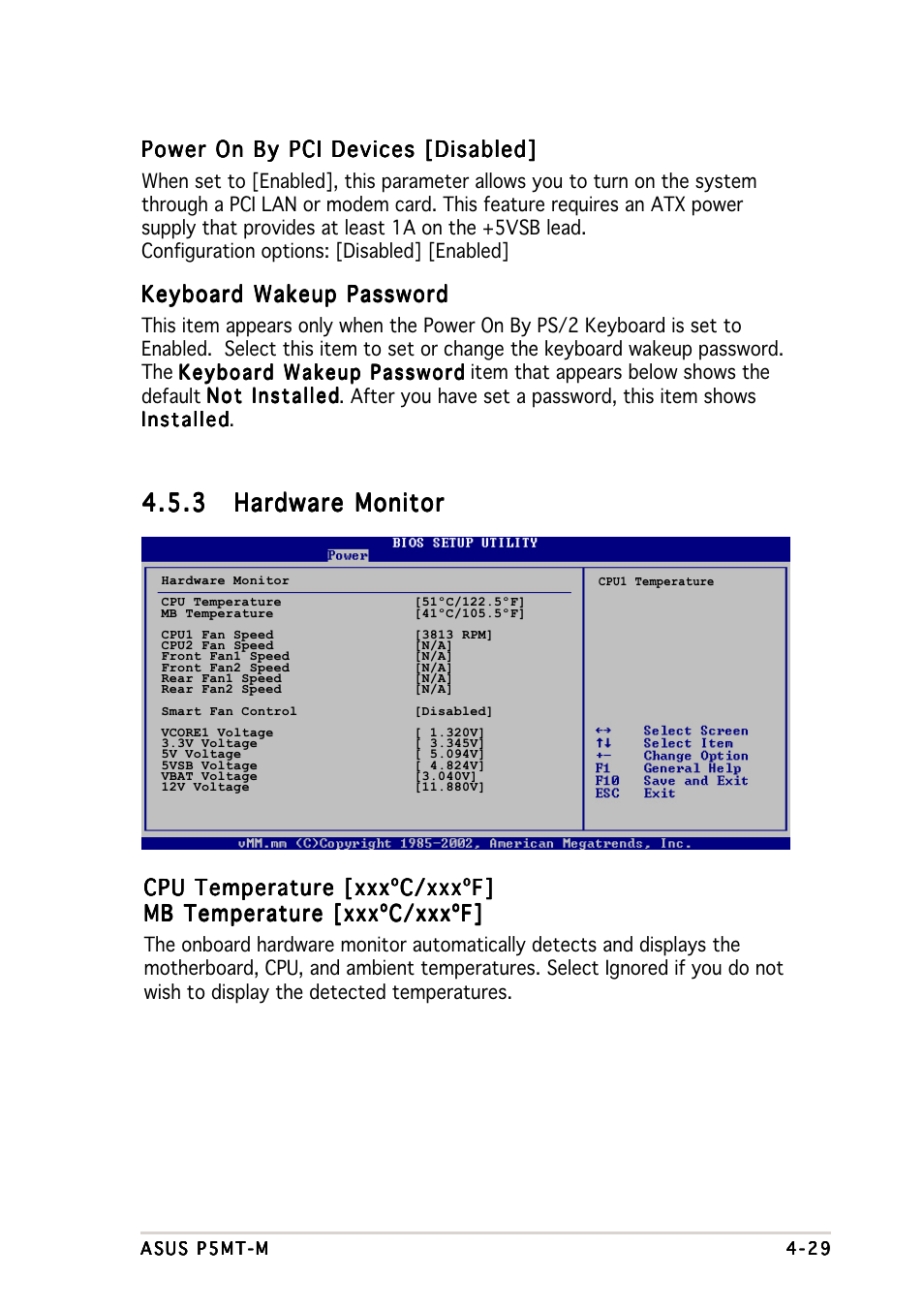 Power on by pci devices [disabled, Keyboard wakeup password, Cpu temperature [xxxºc/xxxºf | Asus Motherboard P5MT-M User Manual | Page 89 / 150