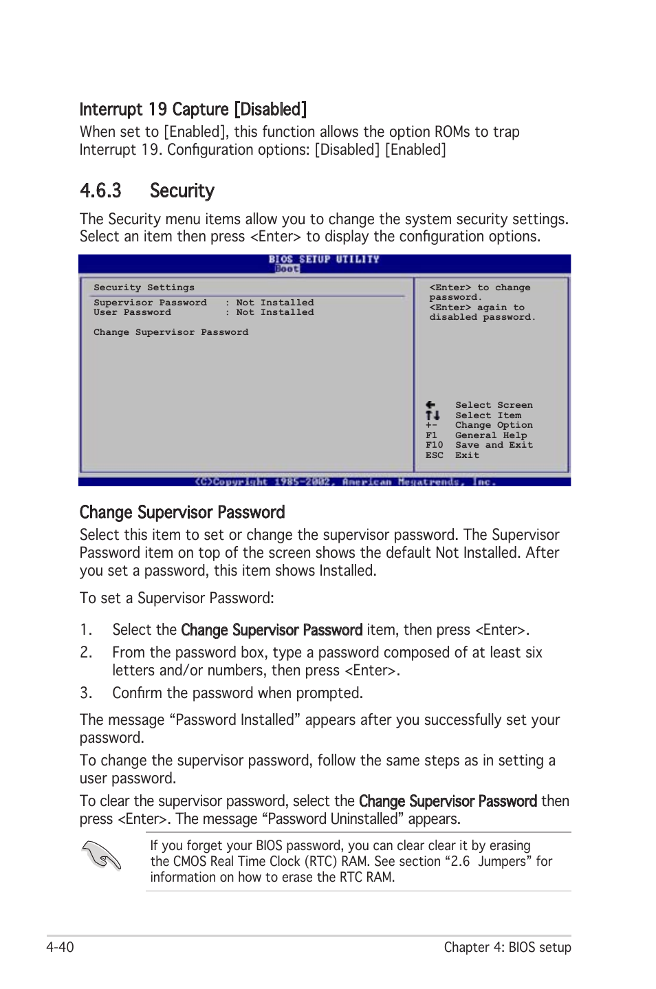 3 security, Interrupt 19 capture [disabled, Change supervisor password | Asus Motherboard P5LD2 User Manual | Page 100 / 142