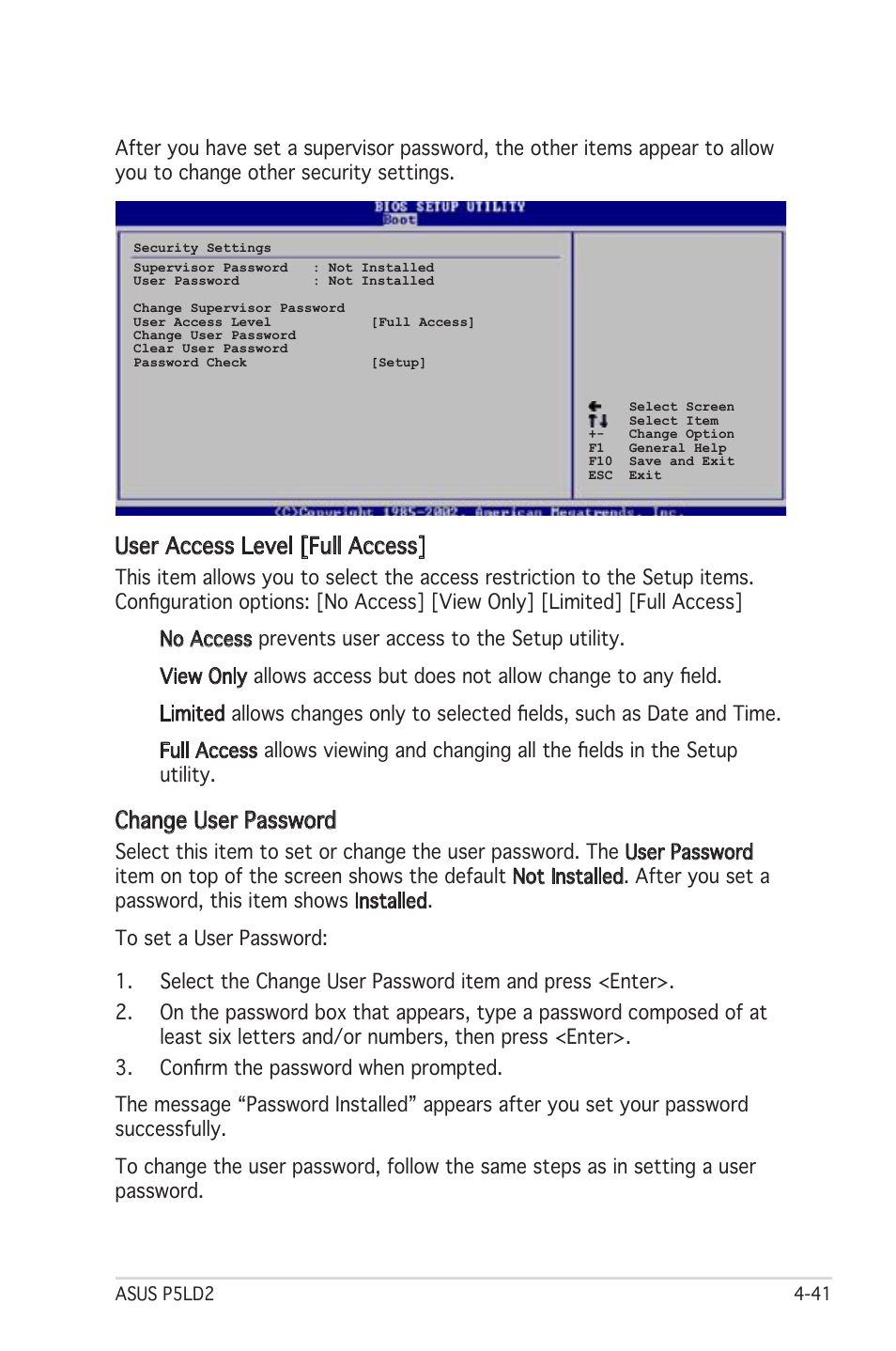 User access level [full access, Change user password | Asus Motherboard P5LD2 User Manual | Page 101 / 142