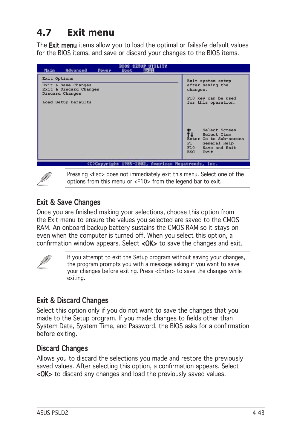 7 exit menu, Exit & discard changes, Discard changes | Exit & save changes | Asus Motherboard P5LD2 User Manual | Page 103 / 142