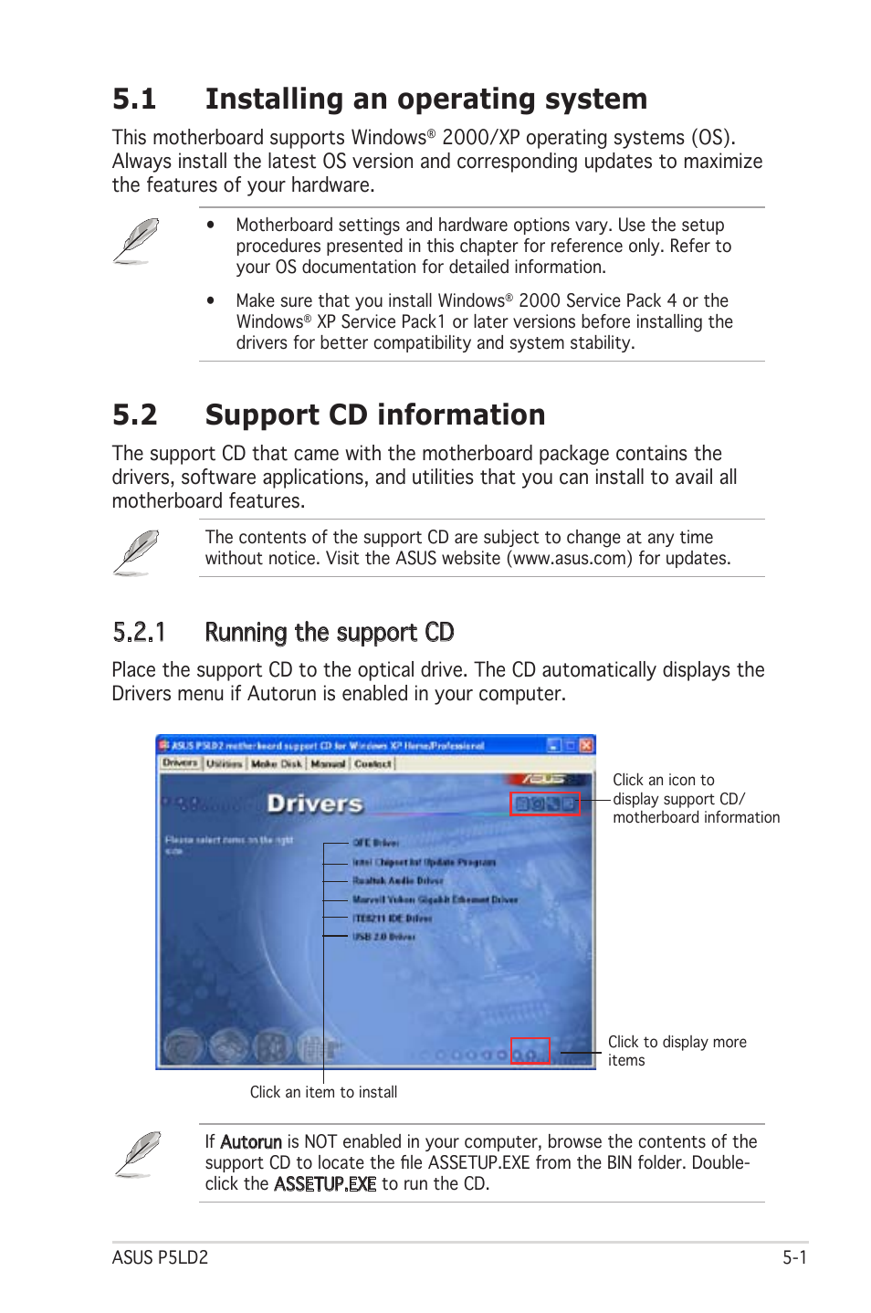 1 installing an operating system, 2 support cd information, 1 running the support cd | Asus Motherboard P5LD2 User Manual | Page 107 / 142