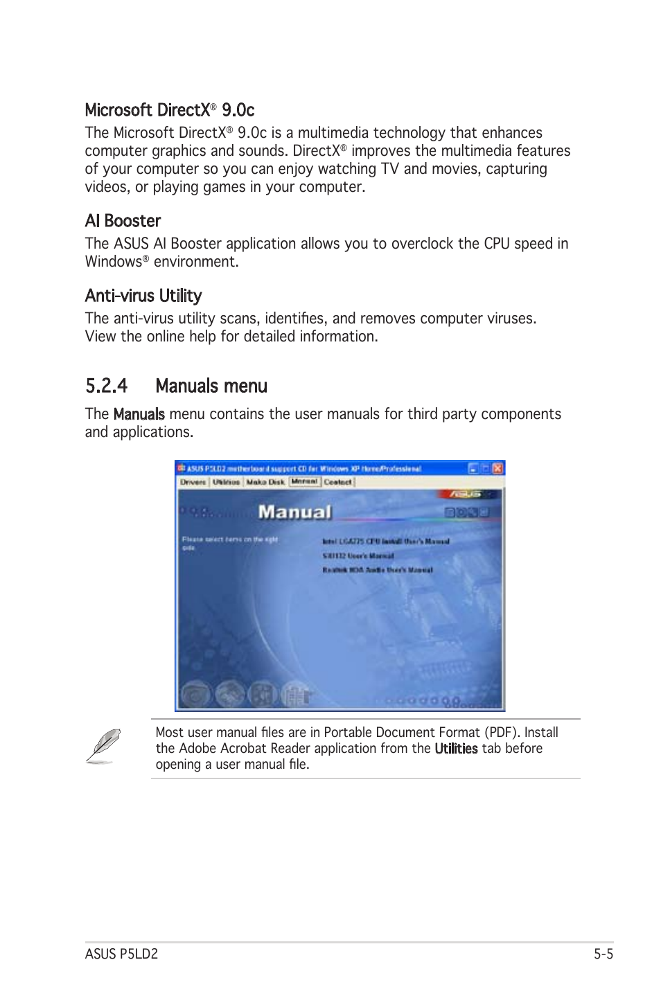 4 manuals menu, Microsoft directx, Ai booster | Anti-virus utility | Asus Motherboard P5LD2 User Manual | Page 111 / 142