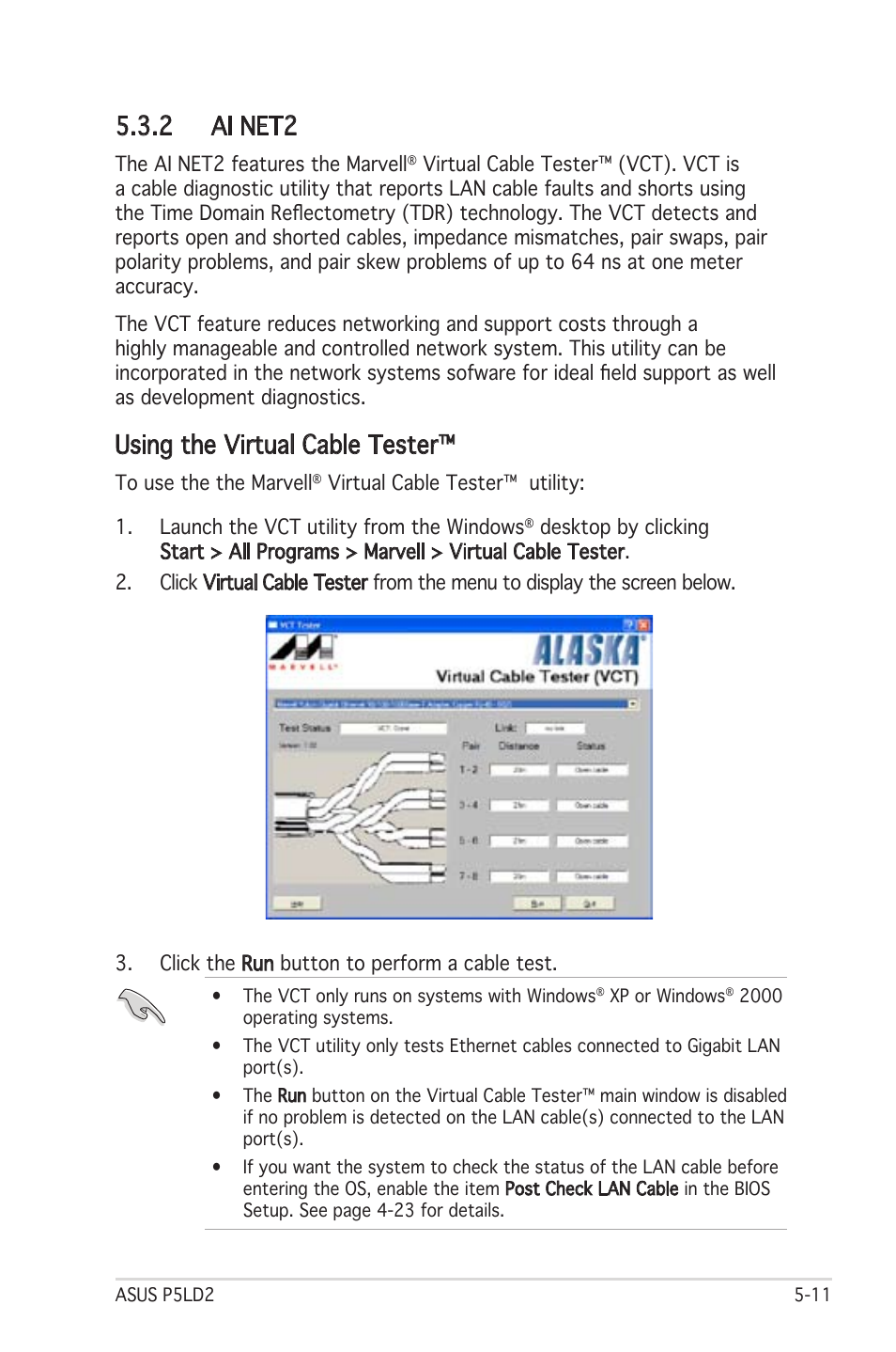 2 ai net2, Using the virtual cable tester | Asus Motherboard P5LD2 User Manual | Page 117 / 142