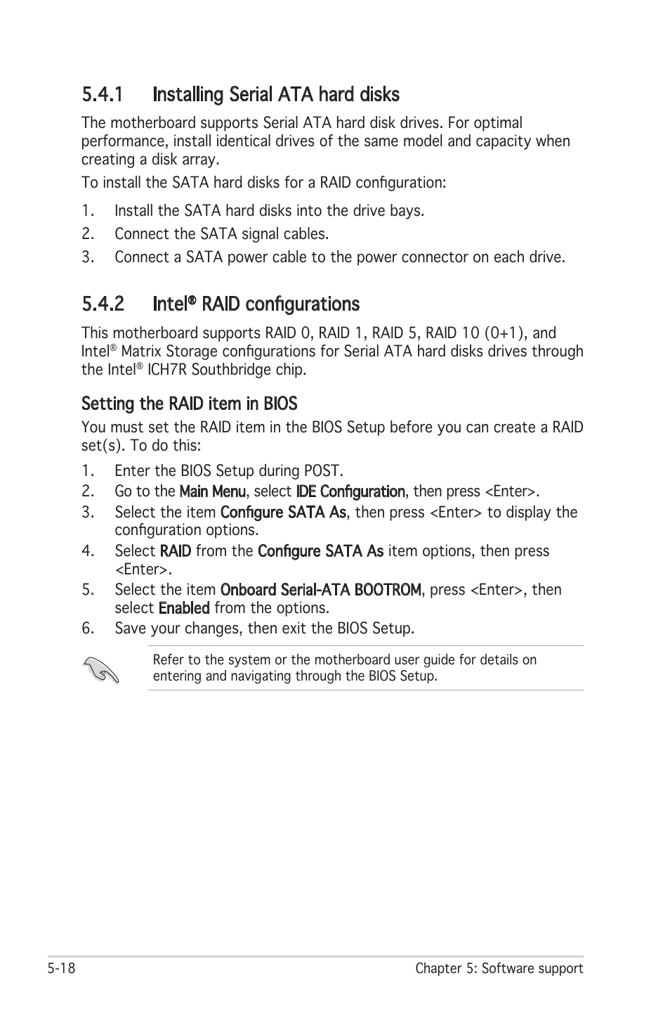 2 intel, Raid configurations, 1 installing serial ata hard disks | Setting the raid item in bios | Asus Motherboard P5LD2 User Manual | Page 124 / 142