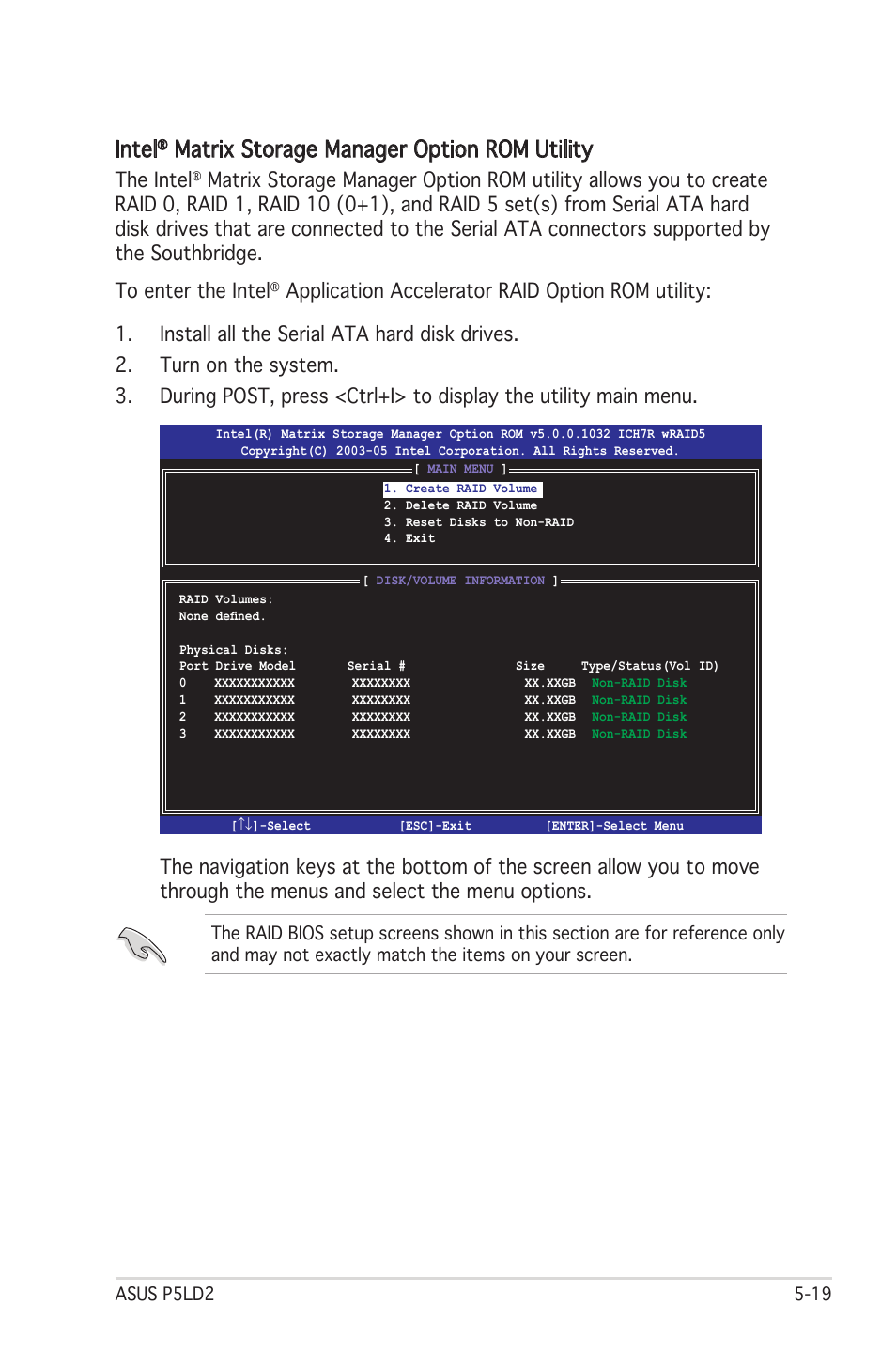 Intel, Matrix storage manager option rom utility, The intel | Asus Motherboard P5LD2 User Manual | Page 125 / 142