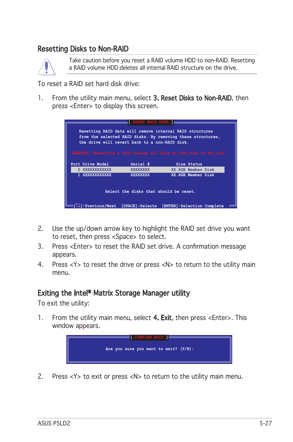 Exiting the intel, Matrix storage manager utility, Resetting disks to non-raid | Asus Motherboard P5LD2 User Manual | Page 133 / 142