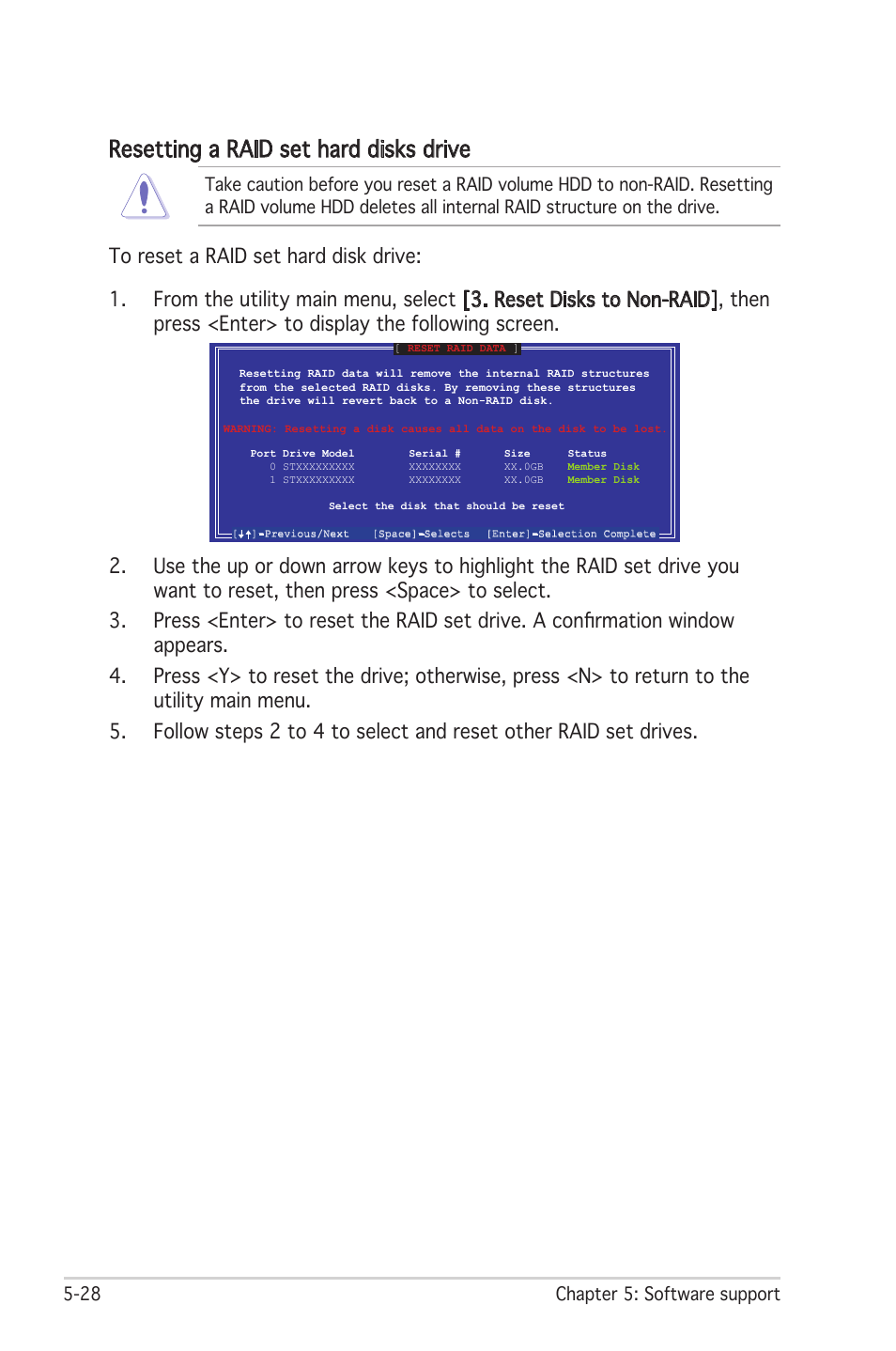 Resetting a raid set hard disks drive, 28 chapter 5: software support | Asus Motherboard P5LD2 User Manual | Page 134 / 142