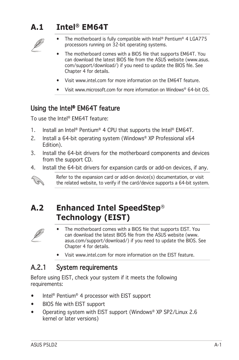 A.1 intel, Em64t, A.2 enhanced intel speedstep | Technology (eist), Using the intel, Em64t feature, A.2.1 system requirements | Asus Motherboard P5LD2 User Manual | Page 139 / 142