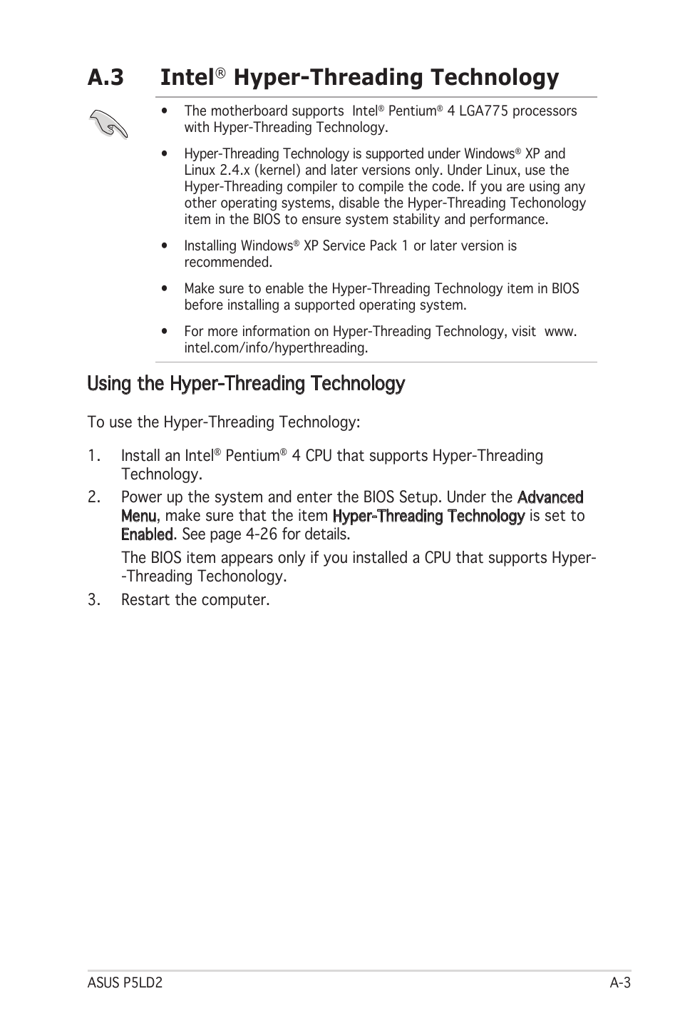 A.3 intel, Hyper-threading technology, Using the hyper-threading technology | Asus Motherboard P5LD2 User Manual | Page 141 / 142