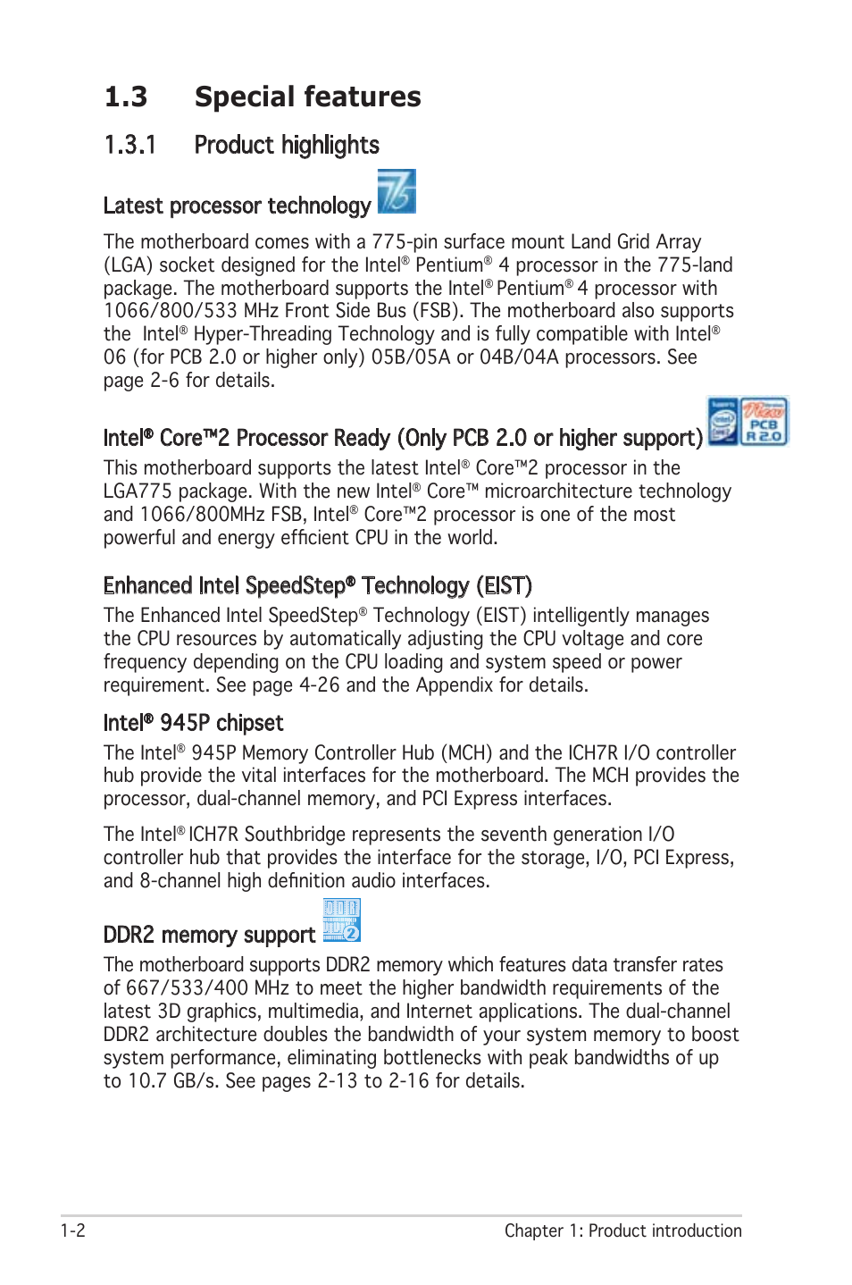 3 special features, 1 product highlights, Latest processor technology | Intel, Enhanced intel speedstep, Technology (eist), 945p chipset | Asus Motherboard P5LD2 User Manual | Page 16 / 142