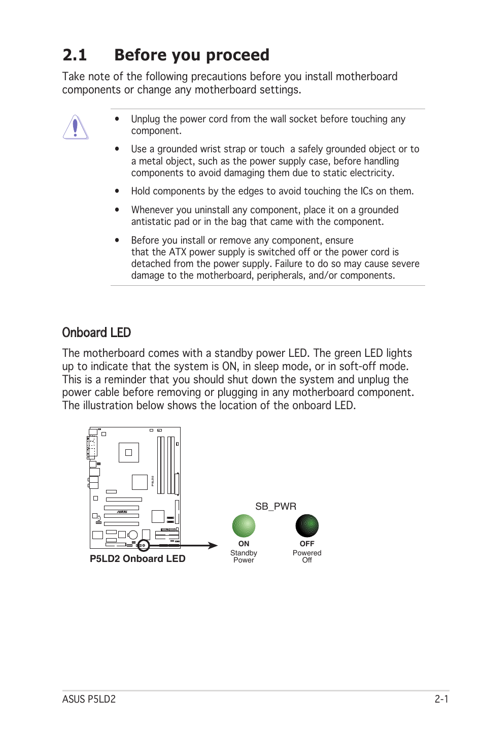 1 before you proceed, Onboard led | Asus Motherboard P5LD2 User Manual | Page 23 / 142