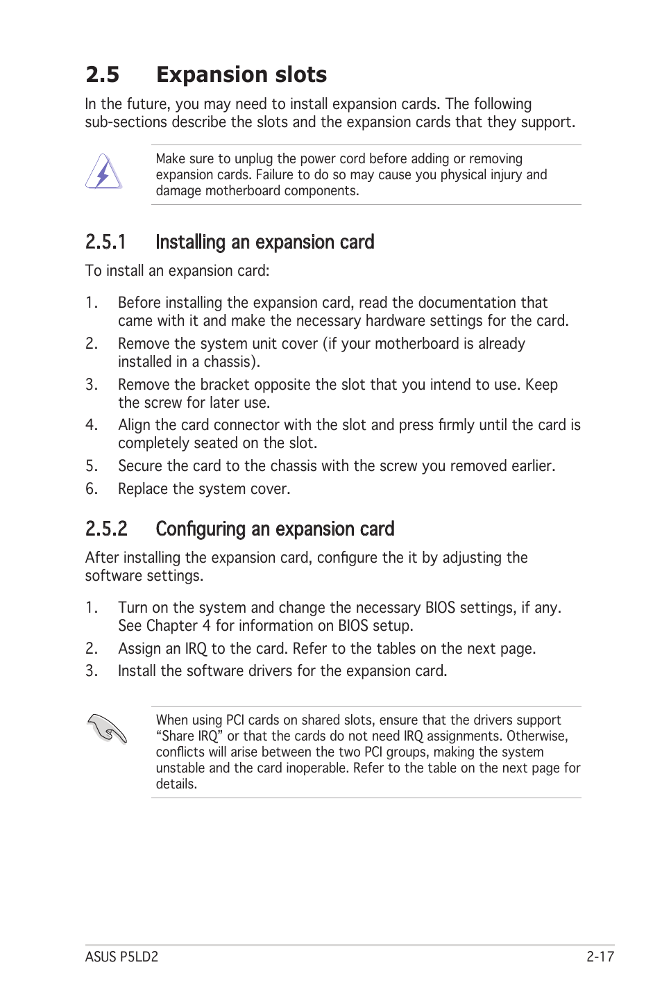 5 expansion slots, 1 installing an expansion card, 2 configuring an expansion card | Asus Motherboard P5LD2 User Manual | Page 39 / 142