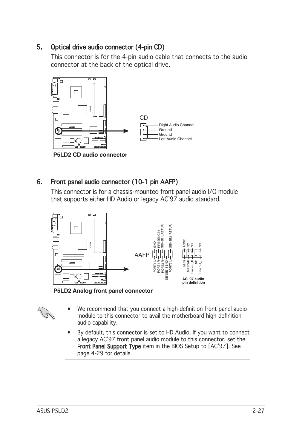 P5ld2 cd audio connector cd, P5ld2 analog front panel connector, Aafp | Asus Motherboard P5LD2 User Manual | Page 49 / 142