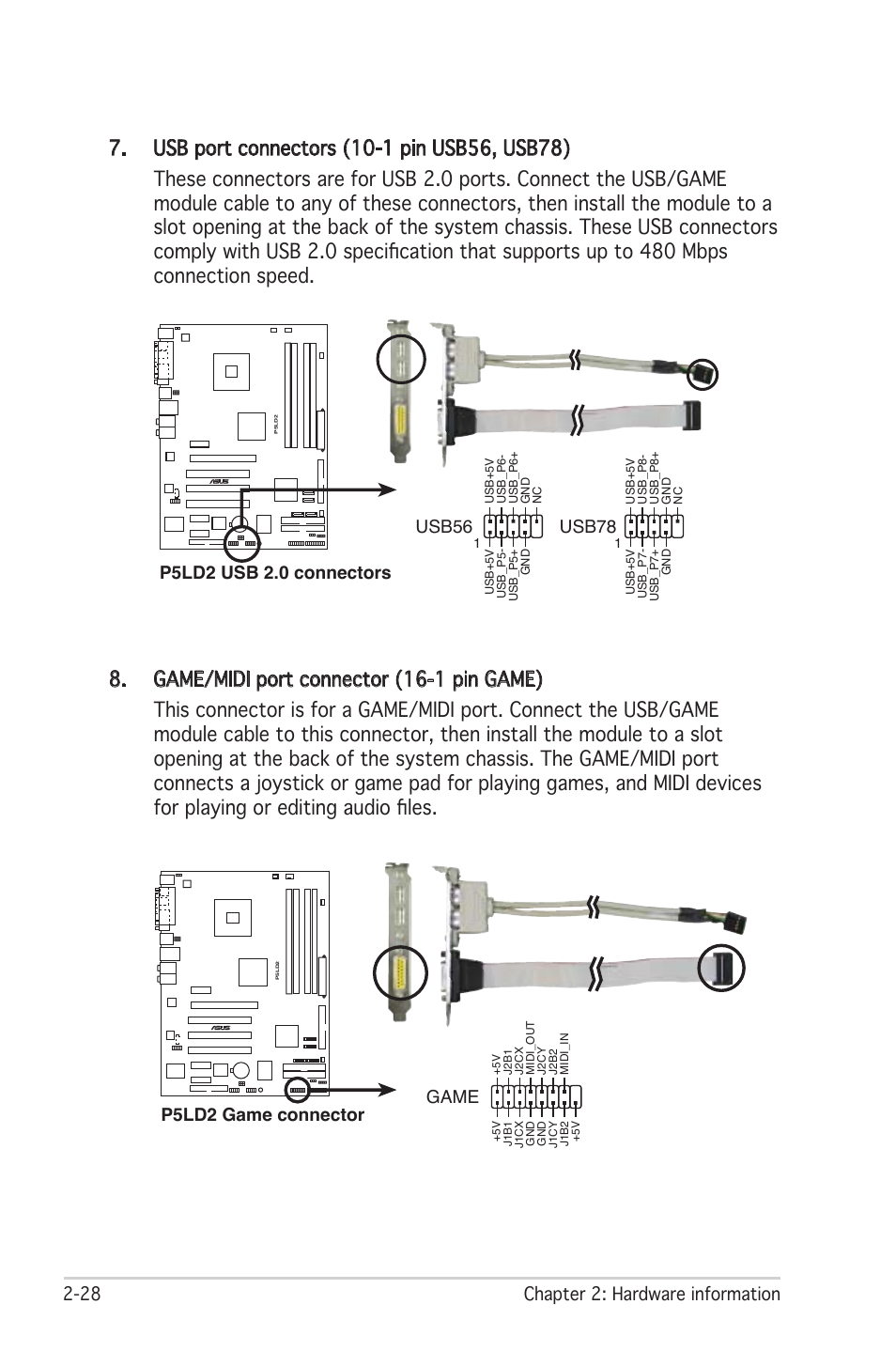 28 chapter 2: hardware information, Usb78, P5ld2 game connector game | Asus Motherboard P5LD2 User Manual | Page 50 / 142