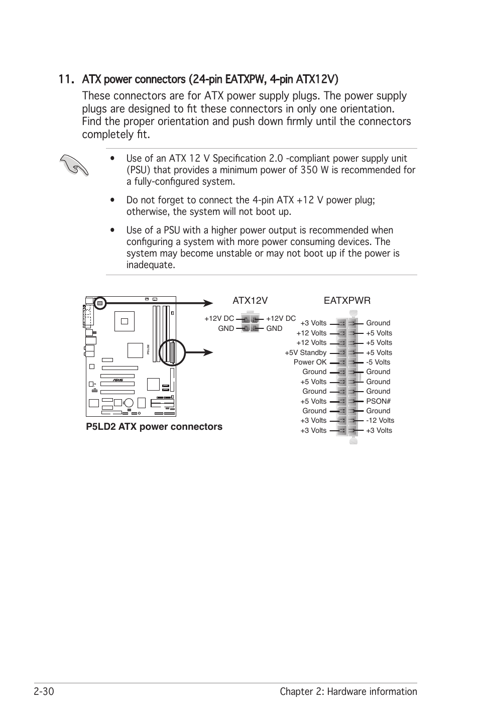 30 chapter 2: hardware information, P5ld2 atx power connectors eatxpwr atx12v | Asus Motherboard P5LD2 User Manual | Page 52 / 142