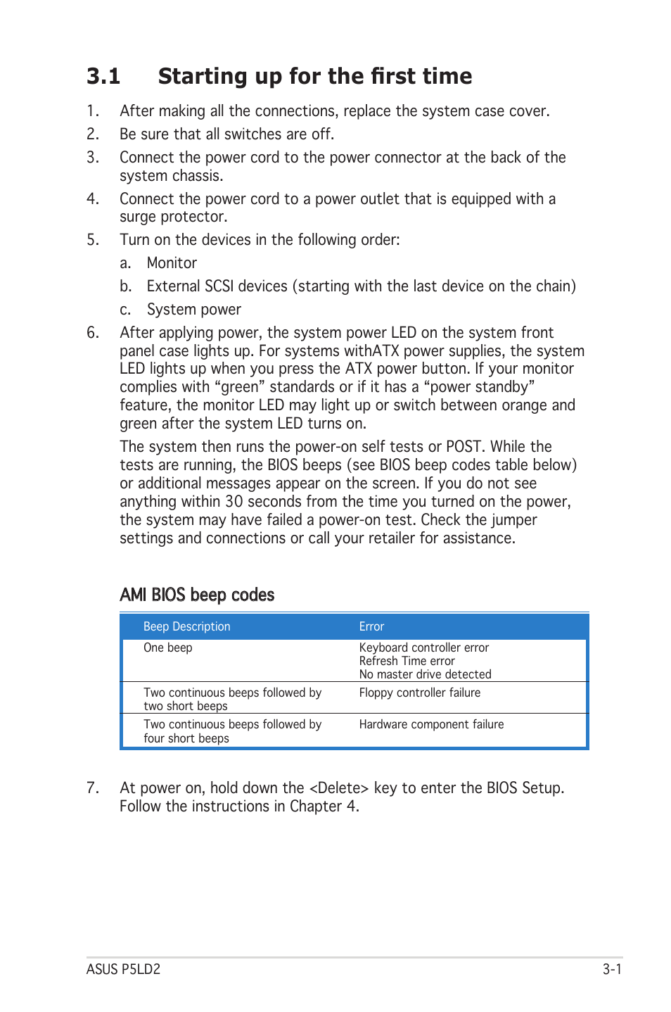 1 starting up for the first time, Ami bios beep codes | Asus Motherboard P5LD2 User Manual | Page 57 / 142