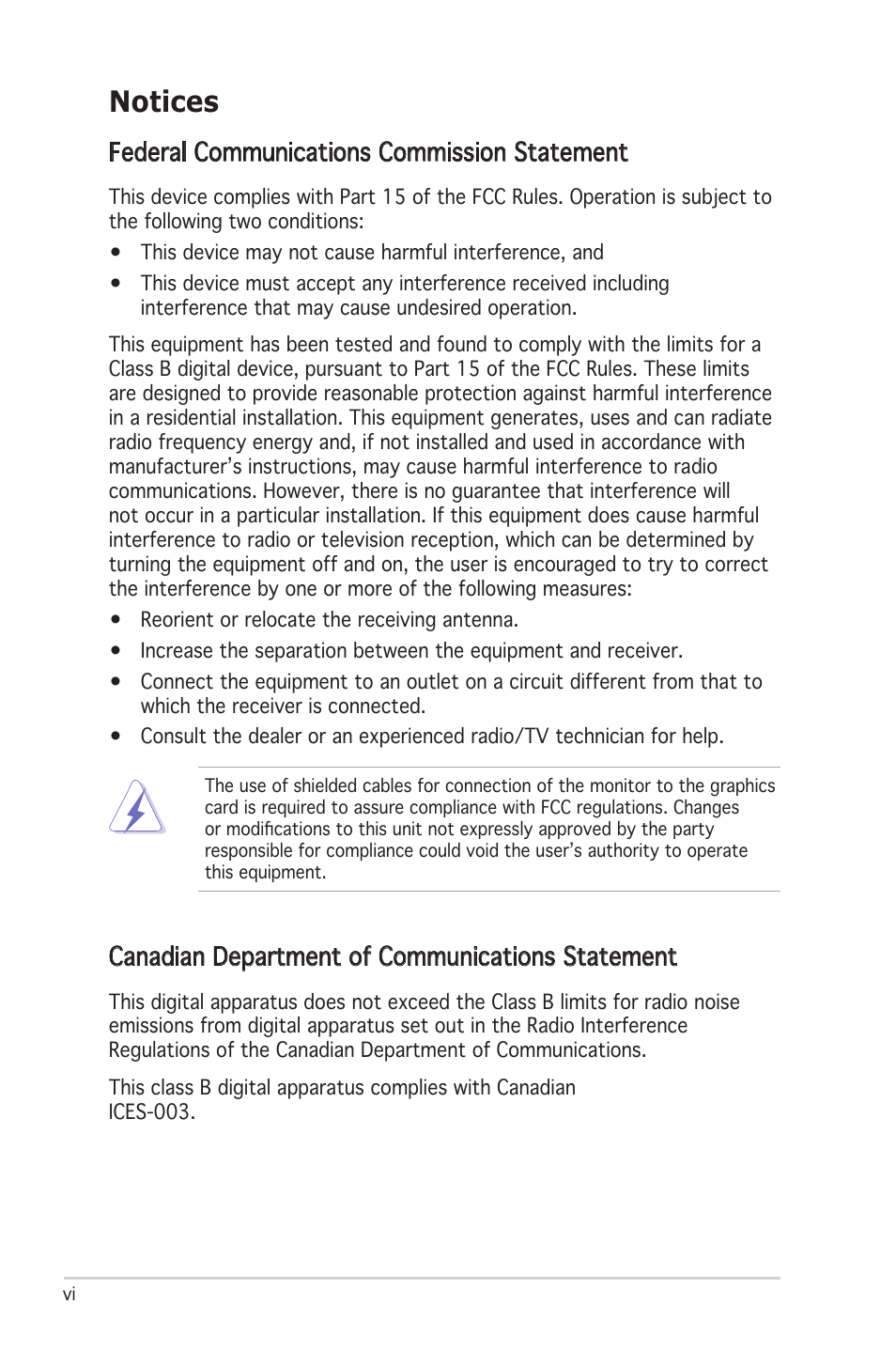 Notices, Federal communications commission statement, Canadian department of communications statement | Asus Motherboard P5LD2 User Manual | Page 6 / 142