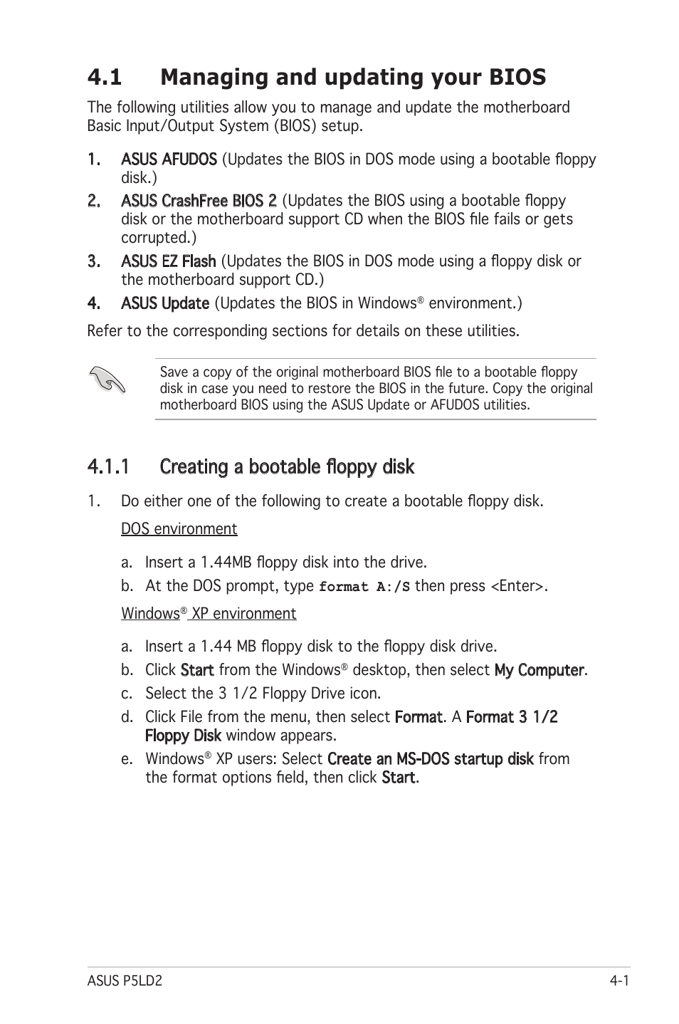 1 managing and updating your bios, 1 creating a bootable floppy disk | Asus Motherboard P5LD2 User Manual | Page 61 / 142