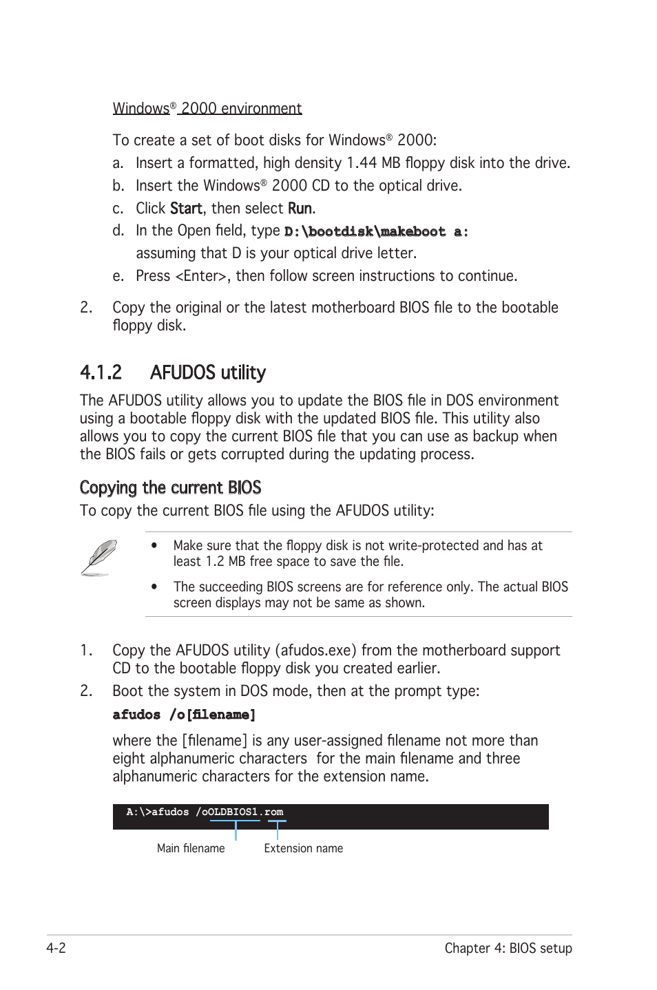 2 afudos utility, Copying the current bios | Asus Motherboard P5LD2 User Manual | Page 62 / 142