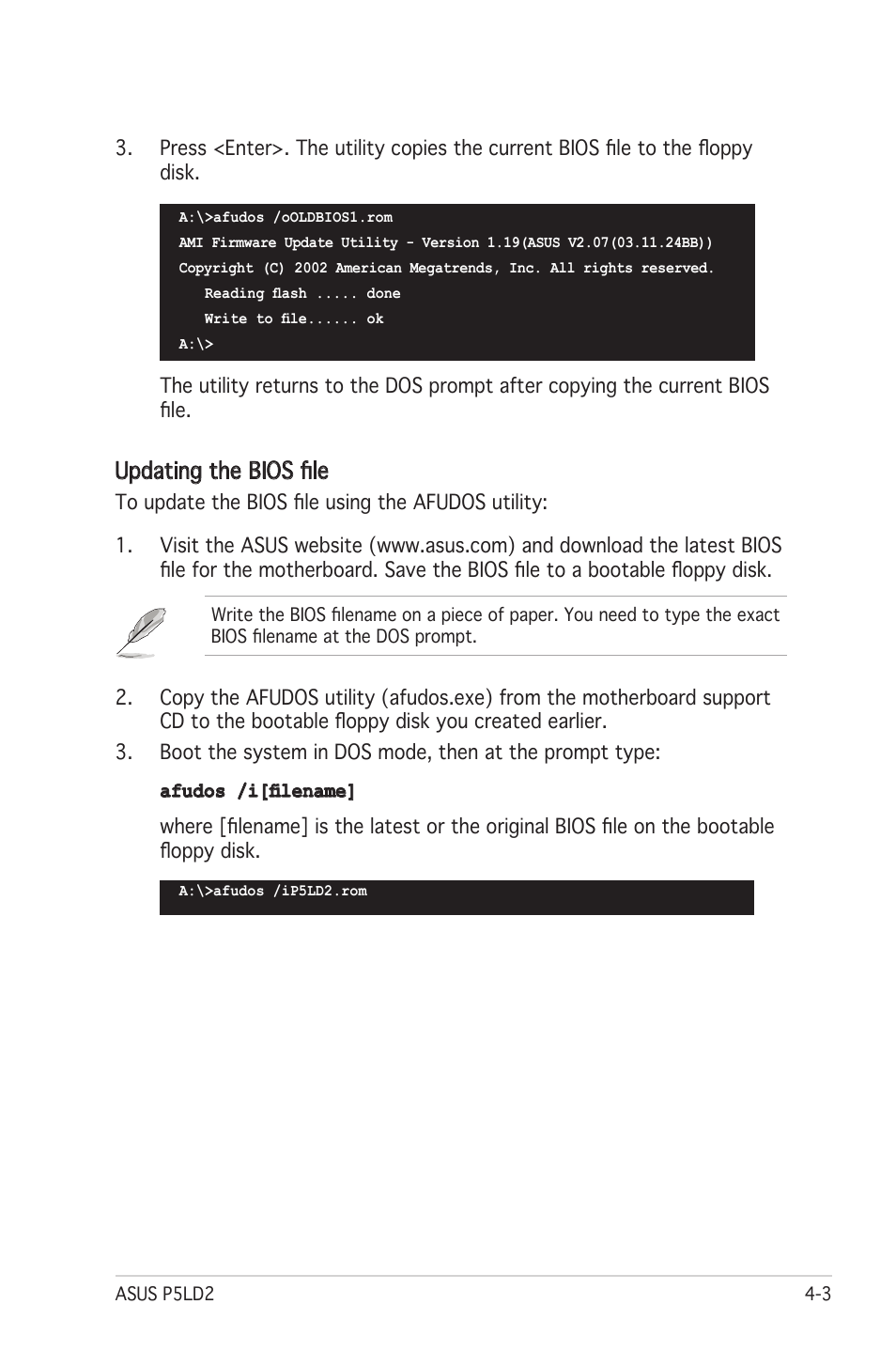 Updating the bios file | Asus Motherboard P5LD2 User Manual | Page 63 / 142