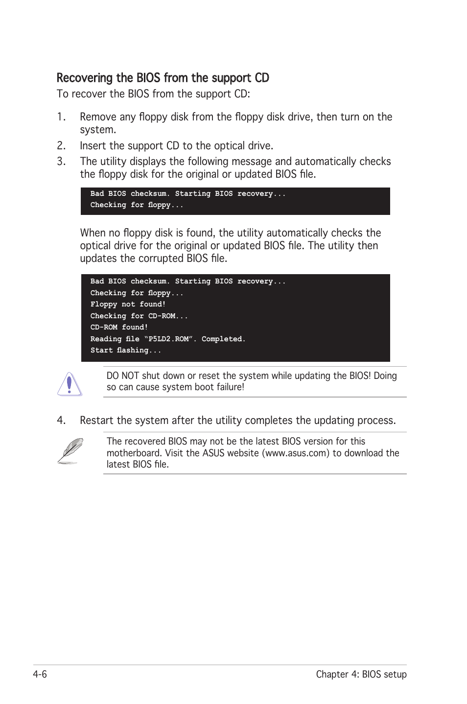 Recovering the bios from the support cd | Asus Motherboard P5LD2 User Manual | Page 66 / 142