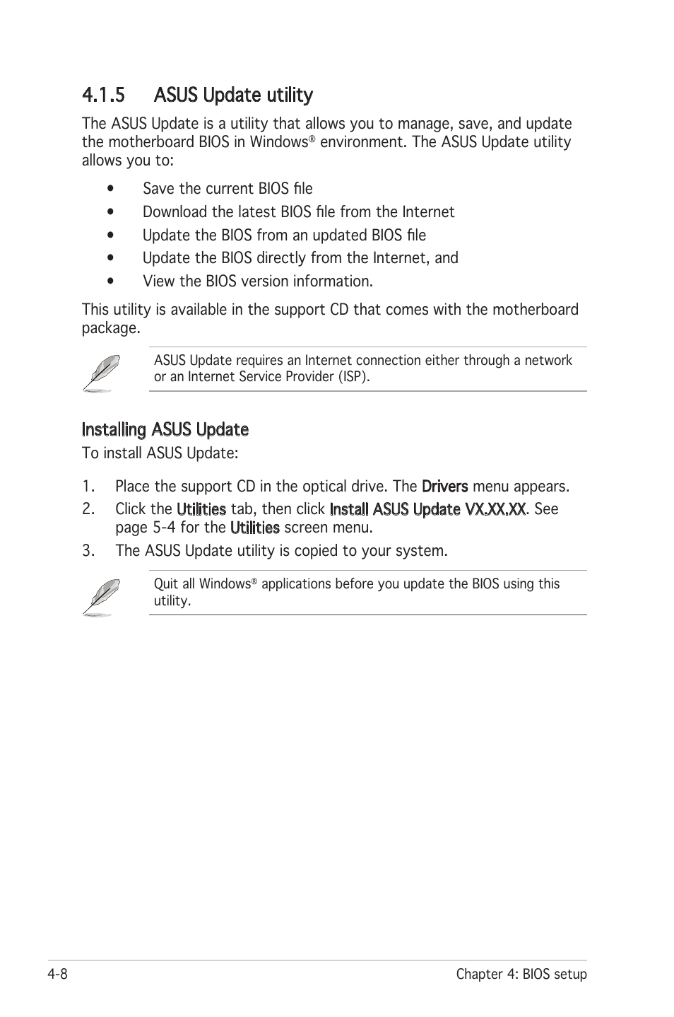 5 asus update utility, Installing asus update | Asus Motherboard P5LD2 User Manual | Page 68 / 142