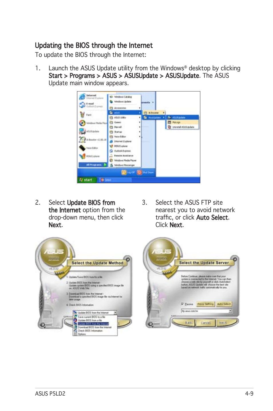 Updating the bios through the internet | Asus Motherboard P5LD2 User Manual | Page 69 / 142