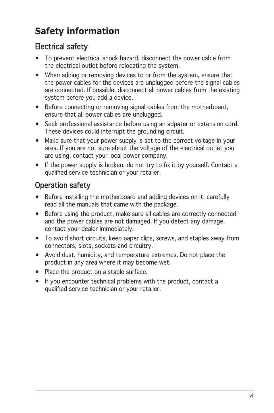 Safety information, Electrical safety, Operation safety | Asus Motherboard P5LD2 User Manual | Page 7 / 142