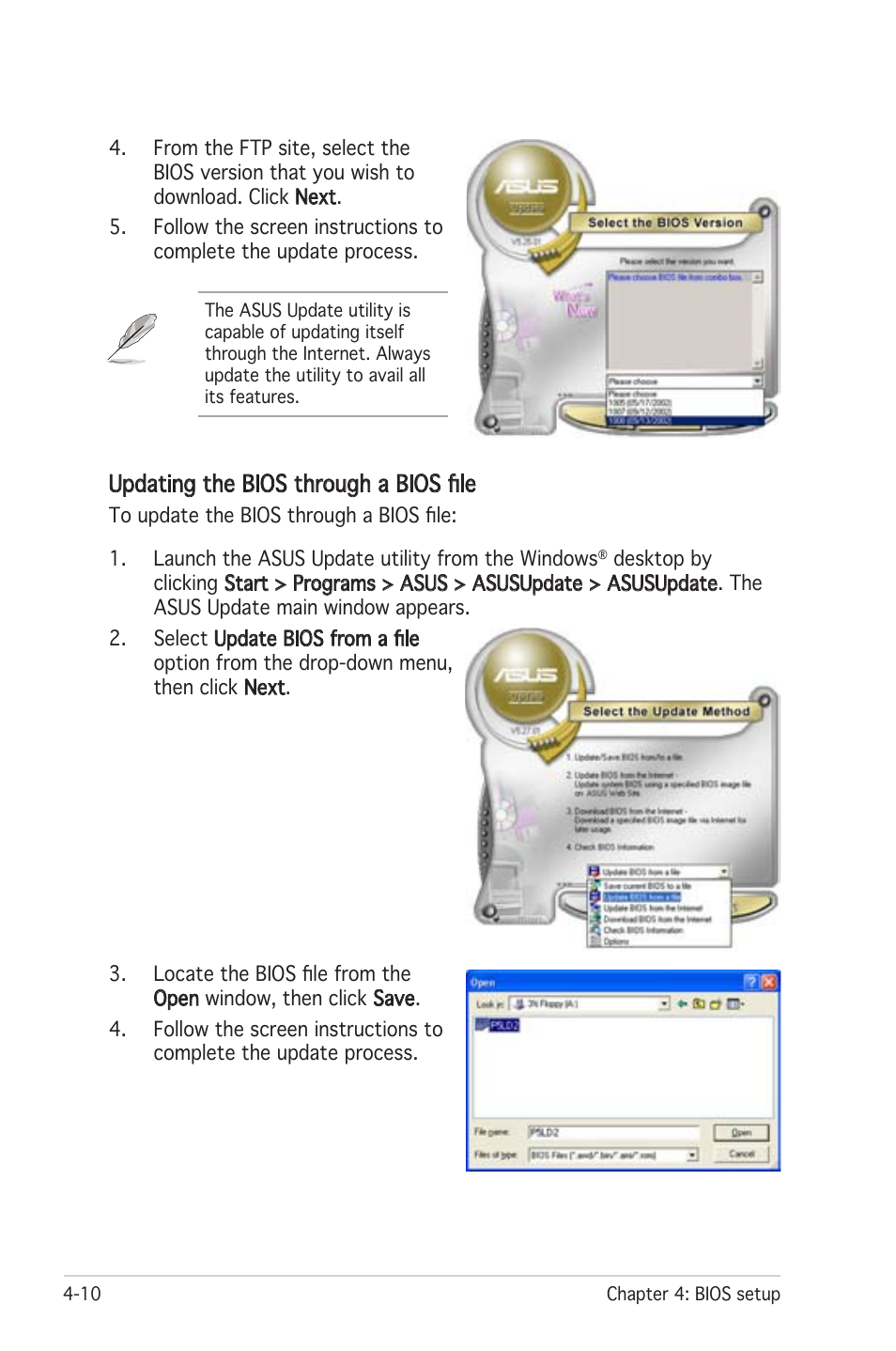 Updating the bios through a bios file | Asus Motherboard P5LD2 User Manual | Page 70 / 142