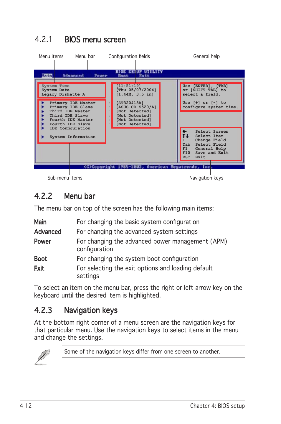 2 menu bar, 3 navigation keys, 1 bios menu screen | Asus Motherboard P5LD2 User Manual | Page 72 / 142