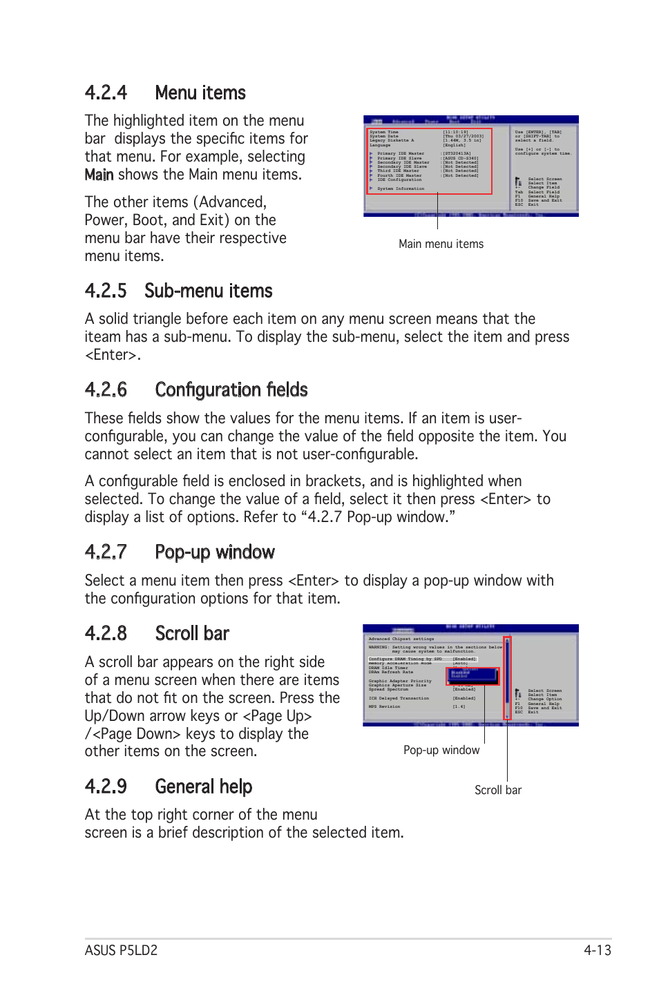 4 menu items, 5 sub-menu items, 6 configuration fields | 7 pop-up window, 8 scroll bar, 9 general help | Asus Motherboard P5LD2 User Manual | Page 73 / 142