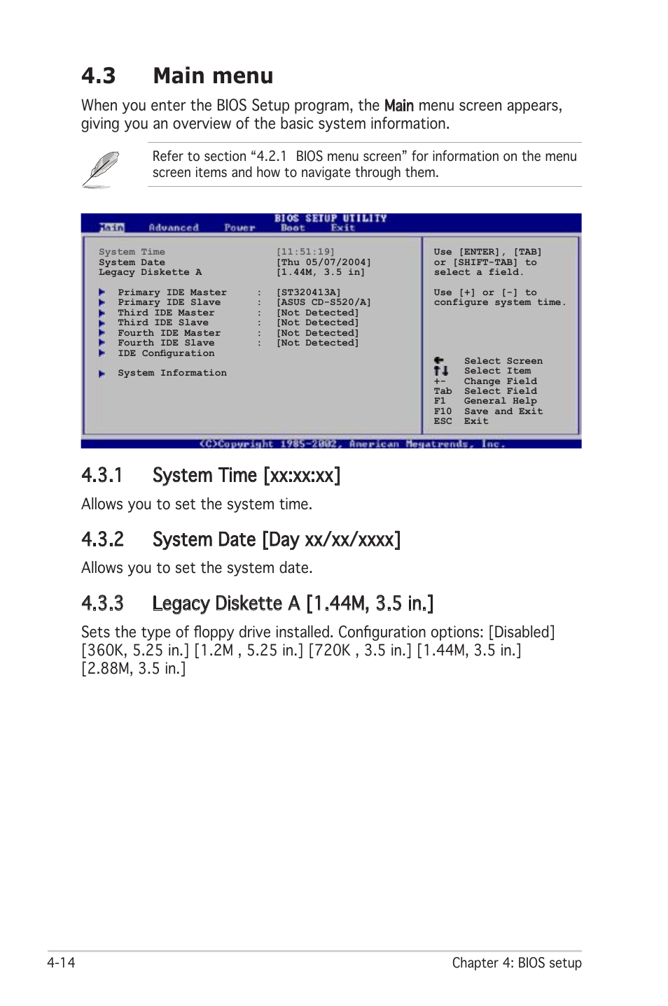3 main menu, 1 system time [xx:xx:xx, Allows you to set the system time | Allows you to set the system date | Asus Motherboard P5LD2 User Manual | Page 74 / 142