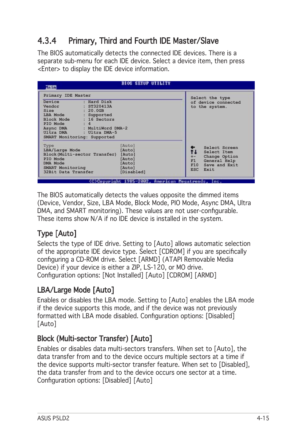 4 primary, third and fourth ide master/slave, Type [auto, Lba/large mode [auto | Block (multi-sector transfer) [auto | Asus Motherboard P5LD2 User Manual | Page 75 / 142