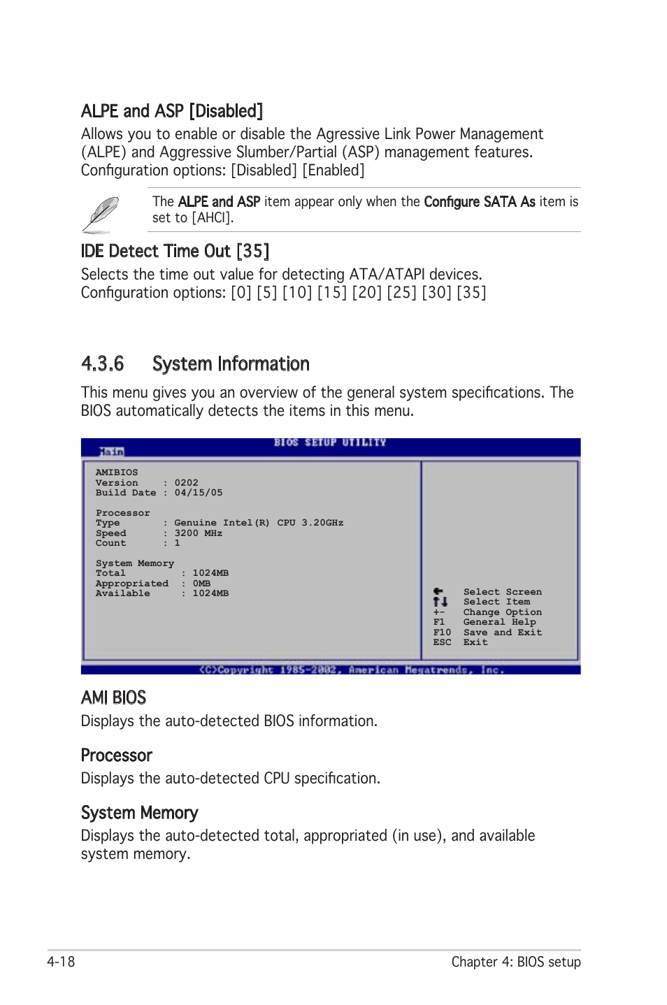 6 system information, Ami bios, Processor | Alpe and asp [disabled, Ide detect time out [35 | Asus Motherboard P5LD2 User Manual | Page 78 / 142