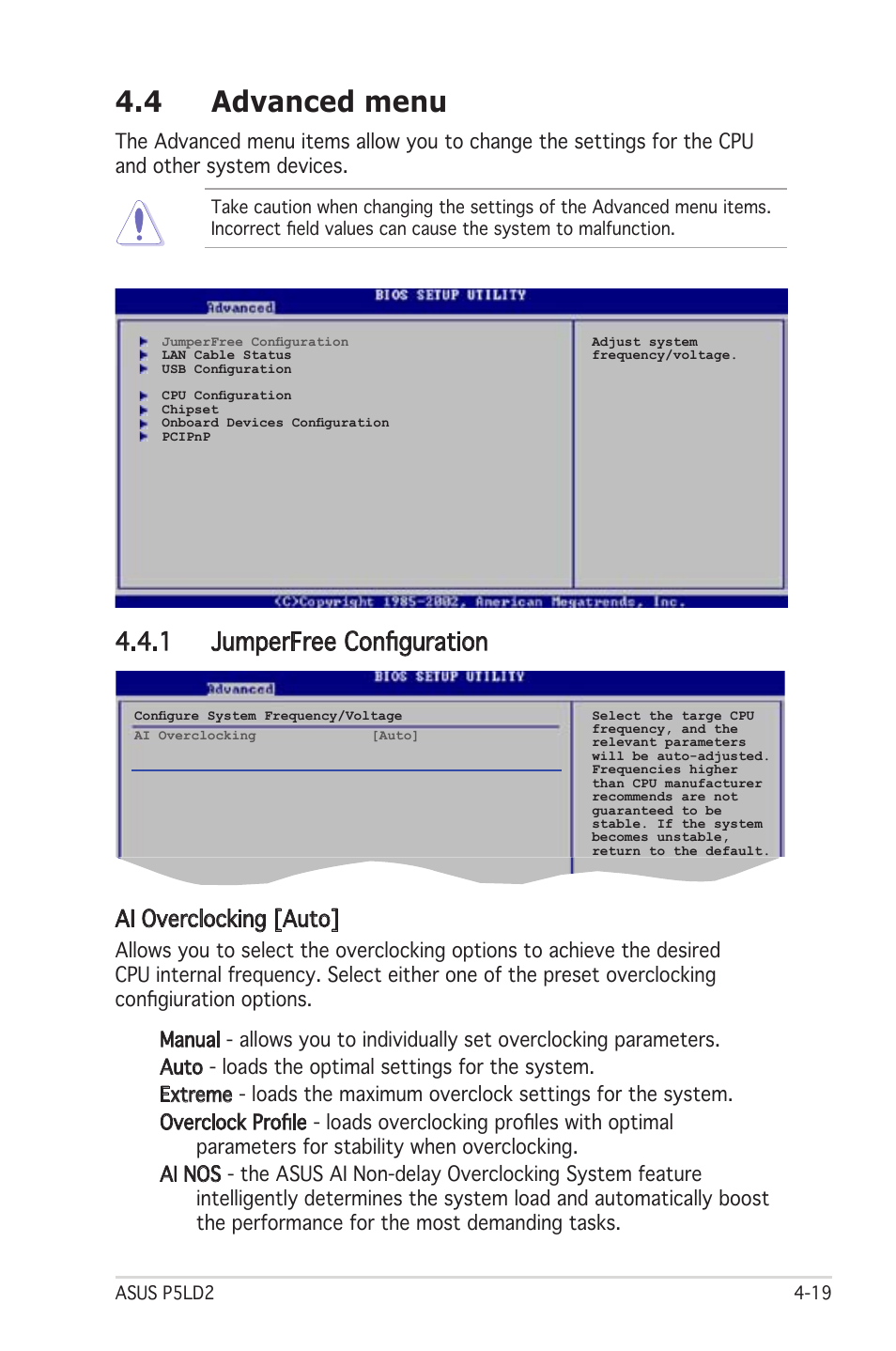 4 advanced menu, 1 jumperfree configuration, Ai overclocking [auto | Asus Motherboard P5LD2 User Manual | Page 79 / 142