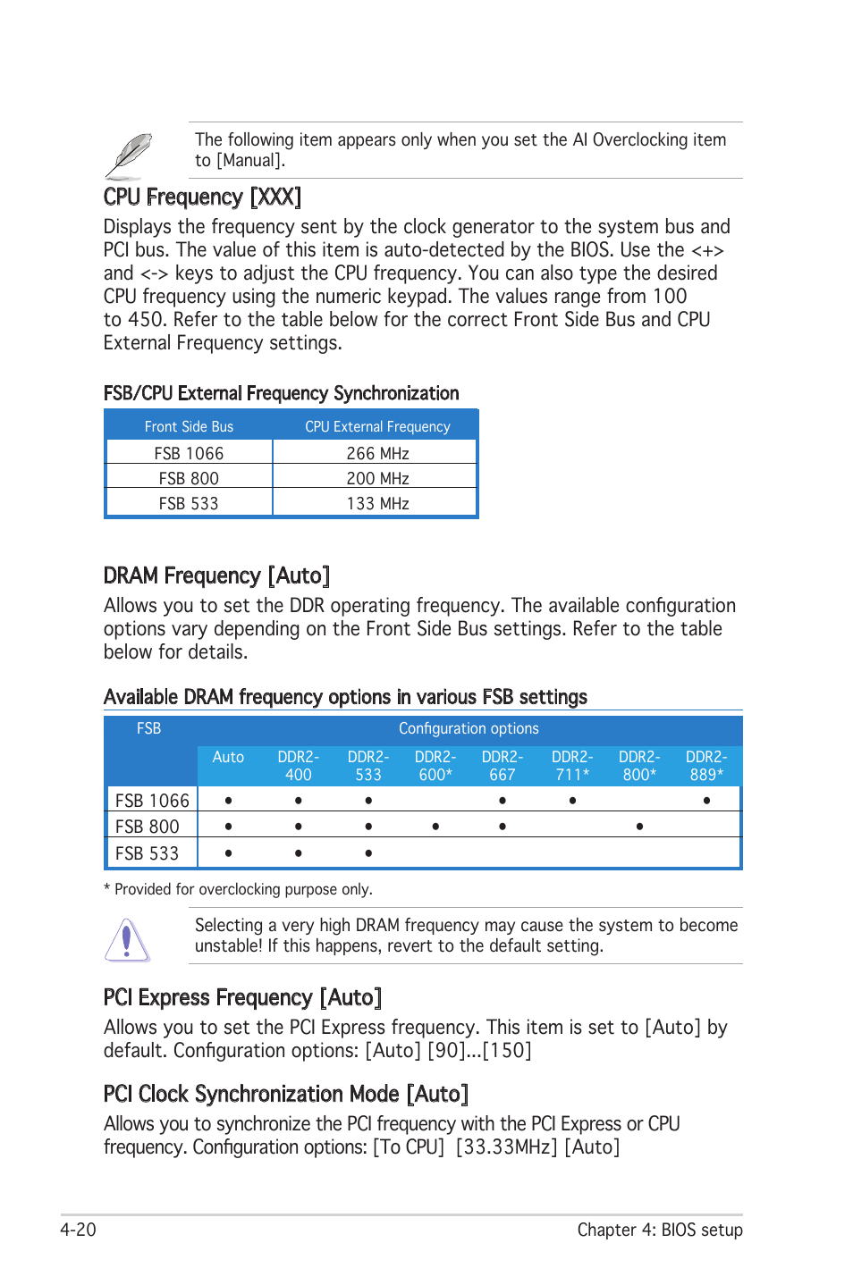 Cpu frequency [xxx, Pci express frequency [auto, Pci clock synchronization mode [auto | Dram frequency [auto | Asus Motherboard P5LD2 User Manual | Page 80 / 142