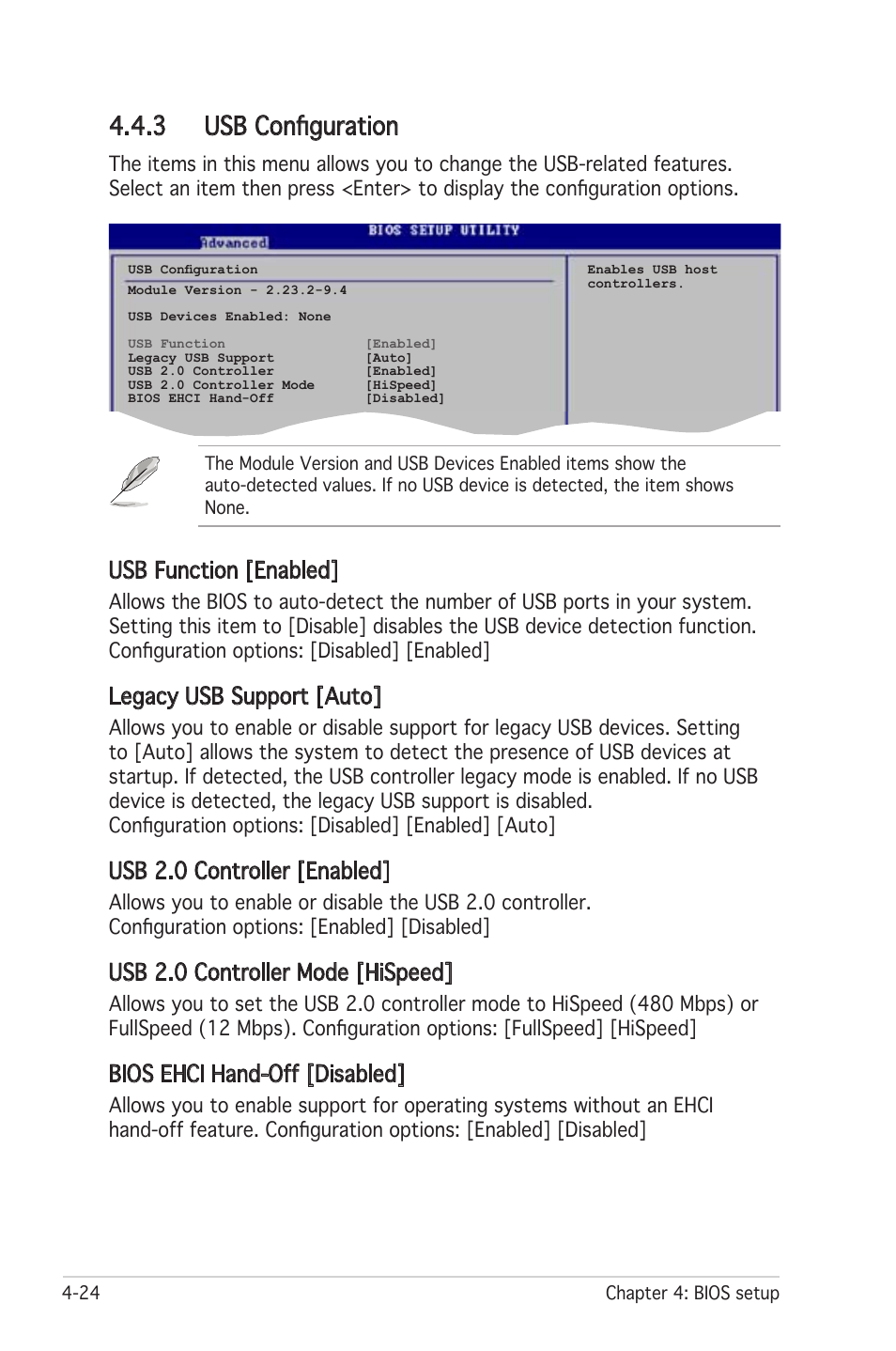 3 usb configuration, Usb function [enabled, Legacy usb support [auto | Usb 2.0 controller [enabled, Usb 2.0 controller mode [hispeed, Bios ehci hand-off [disabled | Asus Motherboard P5LD2 User Manual | Page 84 / 142