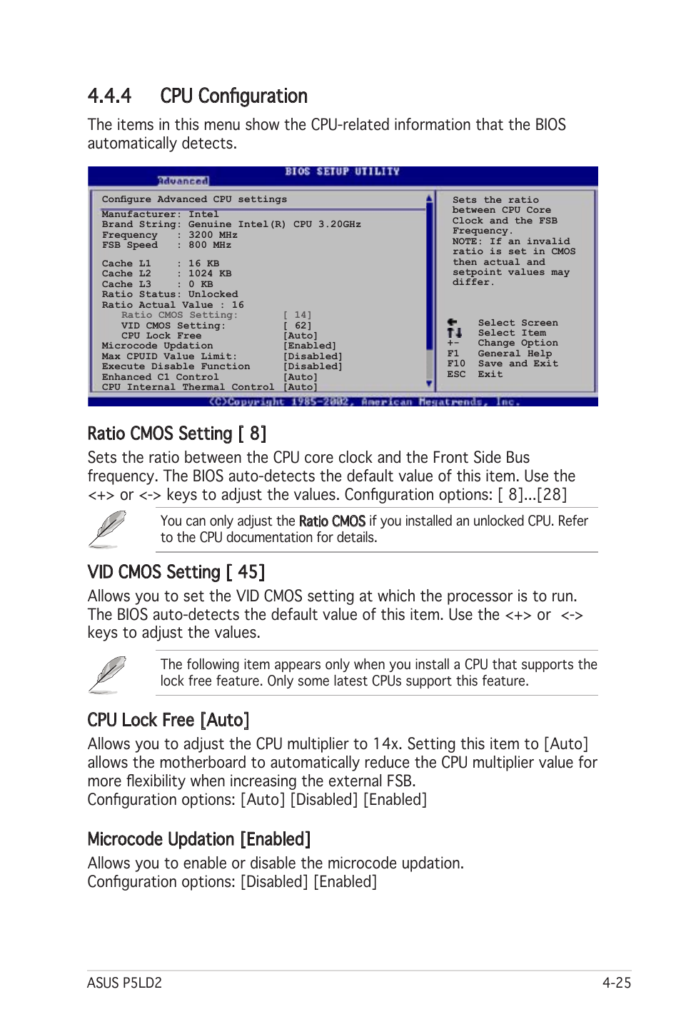 4 cpu configuration, Ratio cmos setting [ 8, Vid cmos setting [ 45 | Cpu lock free [auto, Microcode updation [enabled | Asus Motherboard P5LD2 User Manual | Page 85 / 142